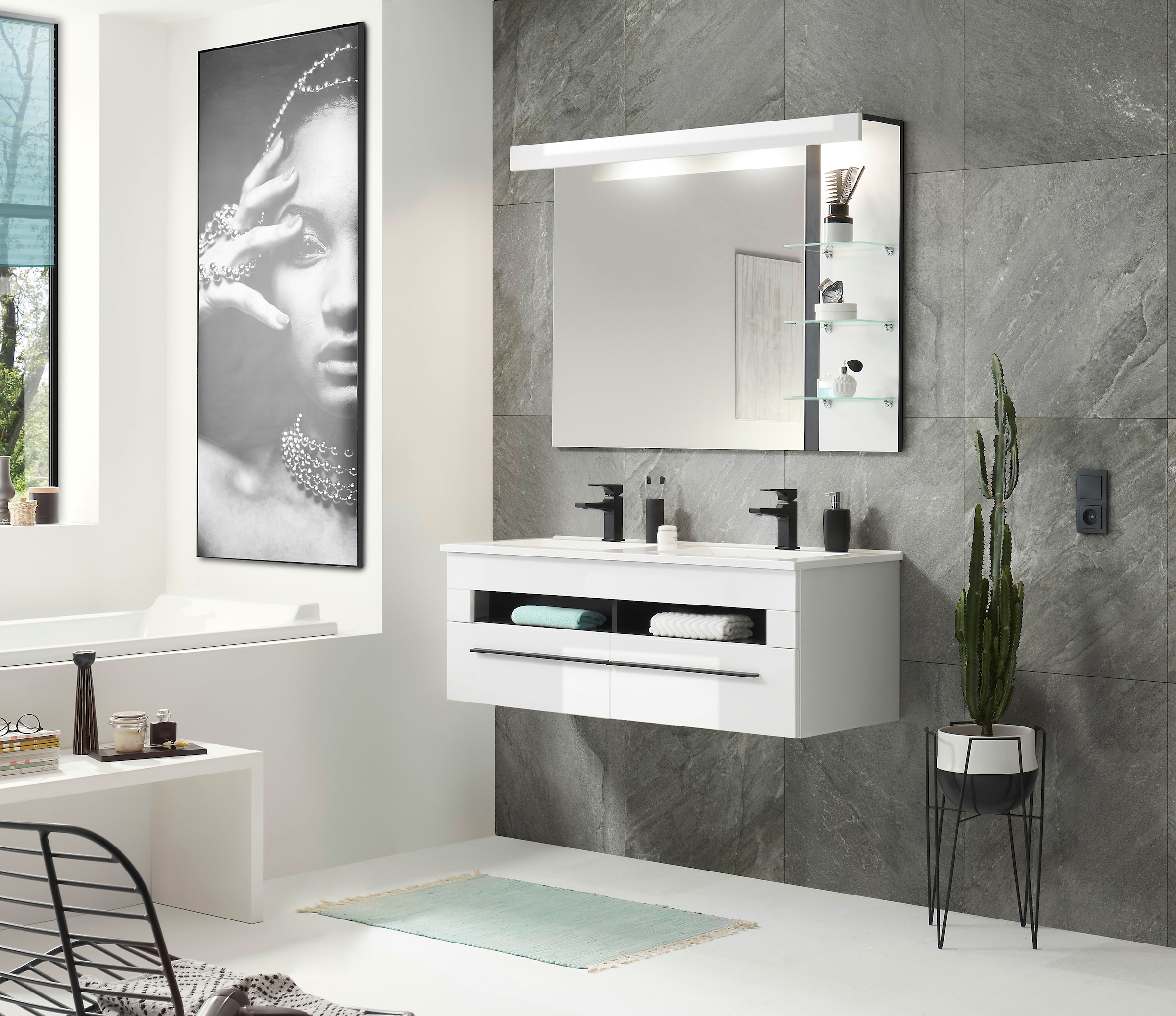 INOSIGN Badmöbel-Set »Cantara, Bad im modernen Design, 2-teiliges Badezimmer«, (Set, 2 St.), Waschtisch und Spiegel, in Weiß Hochglanz, viel Stauraum