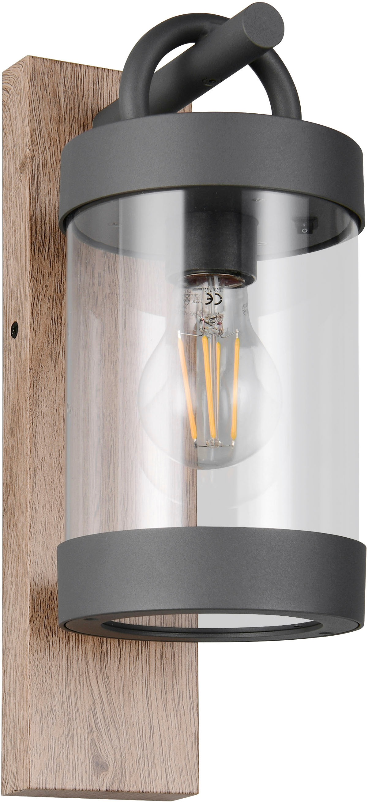 TRIO Leuchten Außen-Wandleuchte »SAMBESI, Laternen Optik Hauswand, exkl 1x E27 max 28W Dämmerungssensor«, 1 flammig, Leuchtmittel E27 | Leuchtmittel wechselbar, Fassadenbeleuchtung aus Alu Druckguss, Rückenplatte Holz Nachbildung