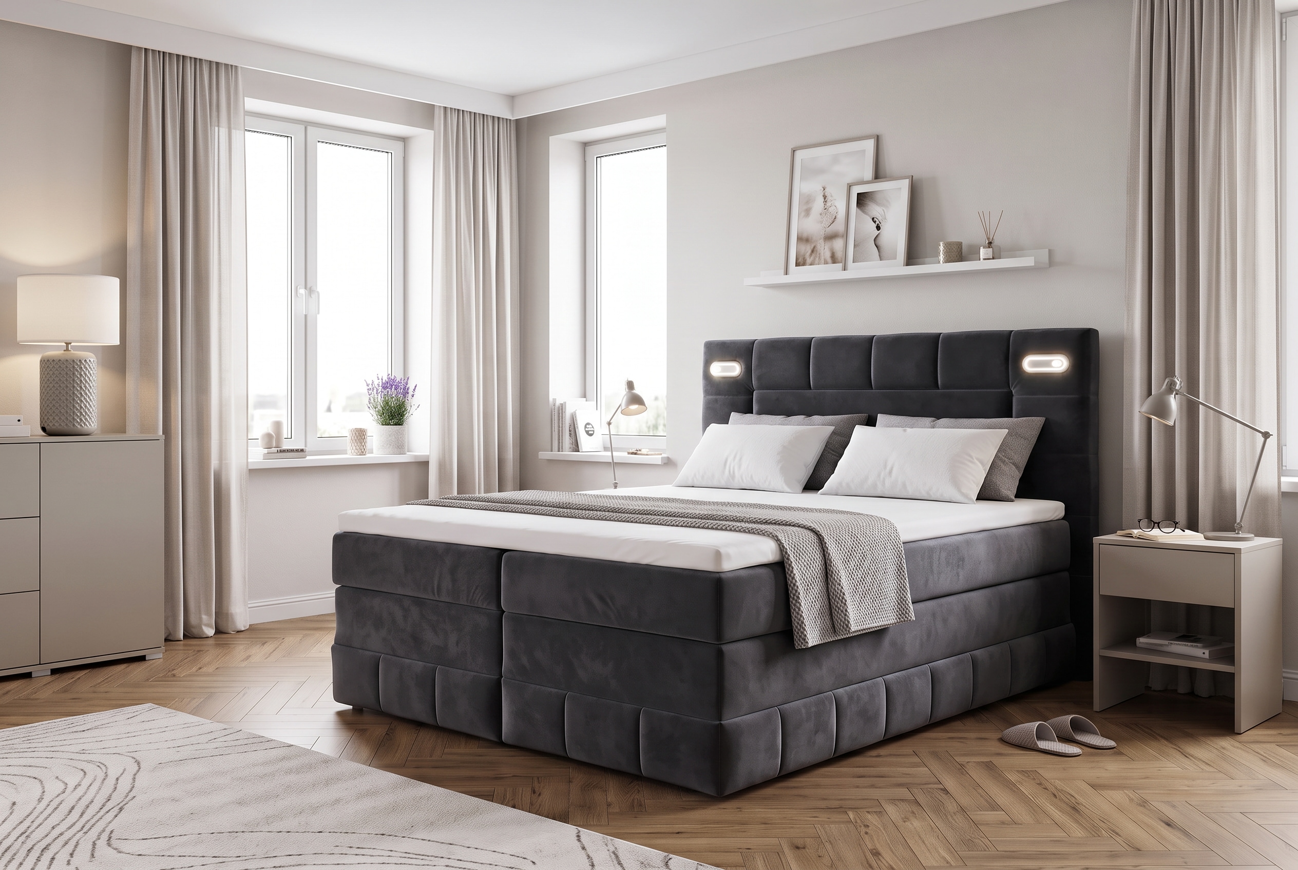OTTO home Boxbett "PHILIPPA, Polsterbett mit Bettkasten, mit Taschenfederkernmatratze H3" mit Kaltschaum-Topper, Microfaser-Bezug, wahlweise mit LED-Beleuchtung
