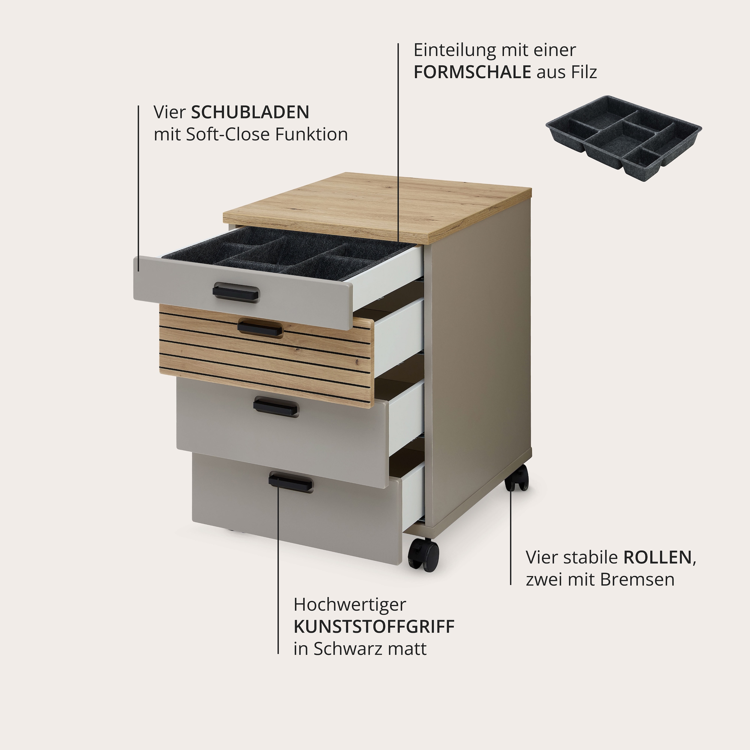 Innostyle Rollcontainer »Rollcontainer Glenn, 45 x 66 x 55 cm (B/H/T)« 1 Stk. tlg. inkl. Filzeinlage, 4 Rollen(2 mit Bremsen) oder Sockel, SK Soft-Close