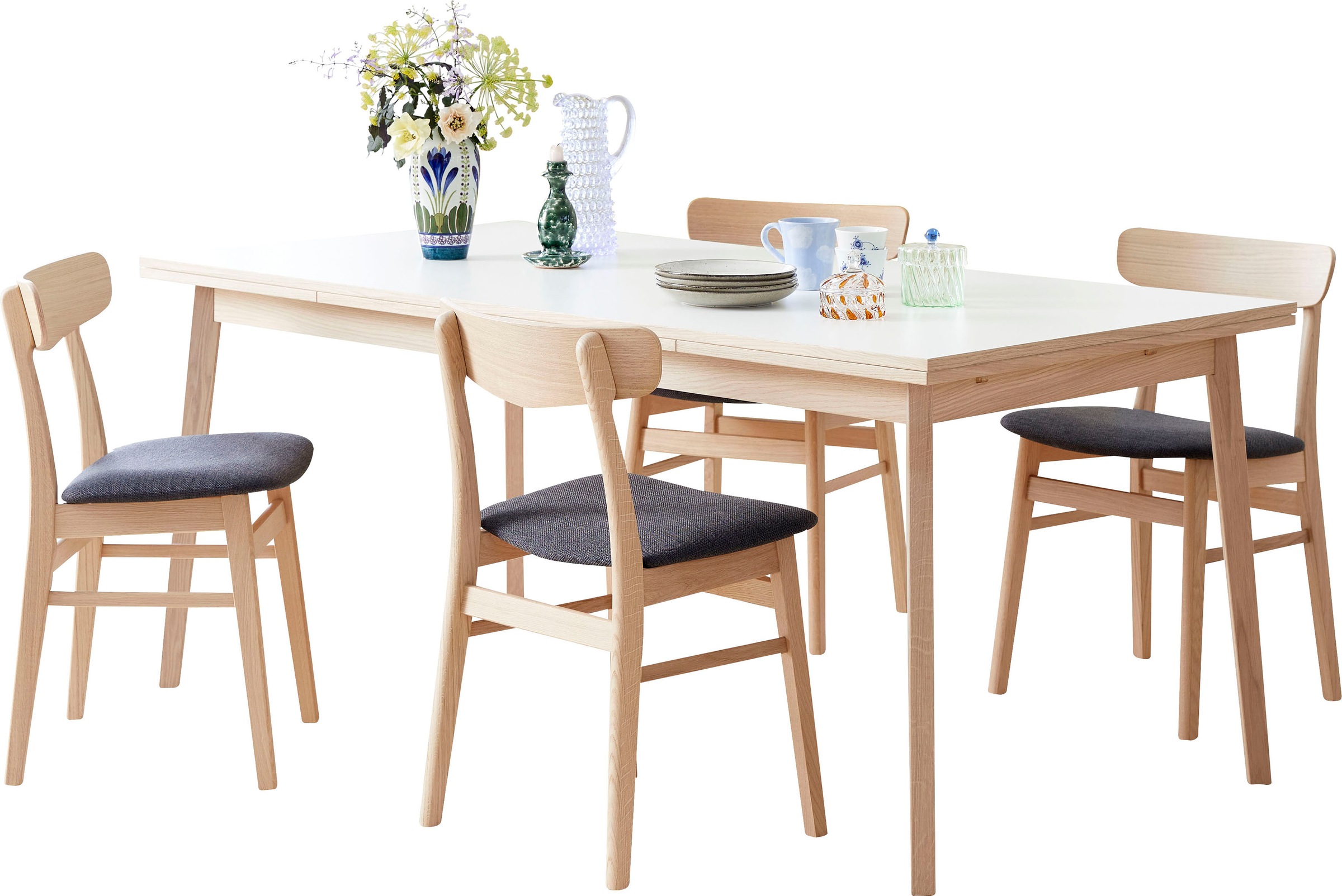 Hammel Furniture Essgruppe »Findahl/Basic by Hammel Single/Mosbøl«, (Set, 5 tlg.), Mit Single Esstisch 180(280)x80 und 4 Mosbøl Stühle