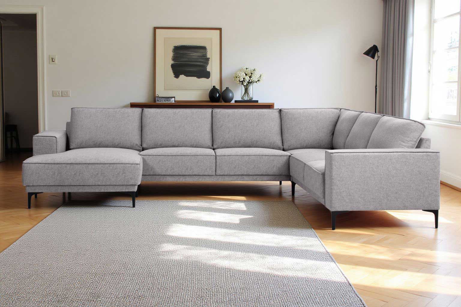 Places of Style Wohnlandschaft »XXL Sofa Oland, Struktur, Flachgewebe, Luxus-Microfaser, Boucle«, U-Form, 342 cm, Wellenunterfederung, Skandi-Design, Metallfüße