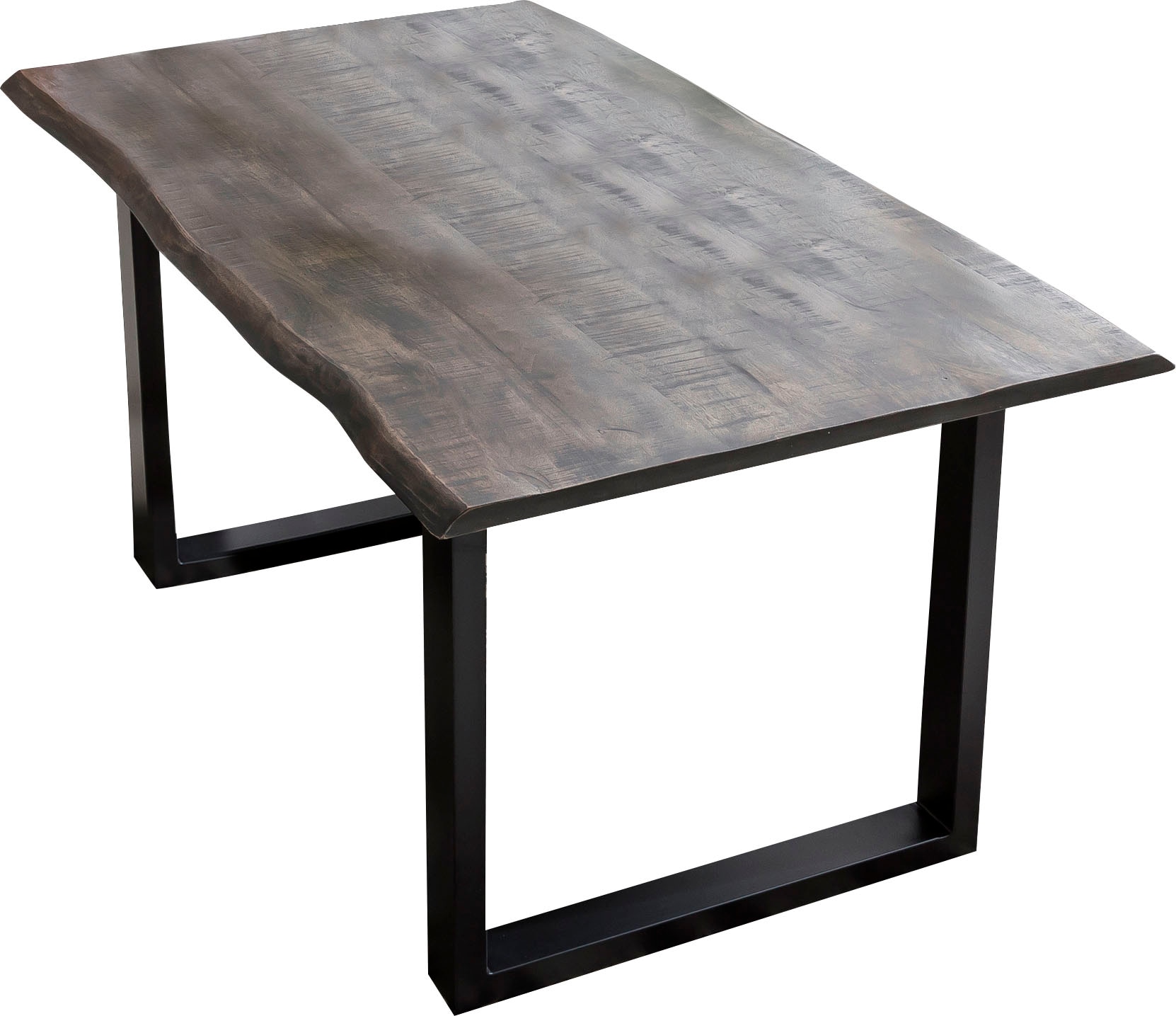 SIT Esstisch "Hyères 160 x 85 cm aus Mango-Massivholz mit Baumkante & Stahlgestell" Sägeraues Mango-Massivholz mit schwarzem Kufengestell