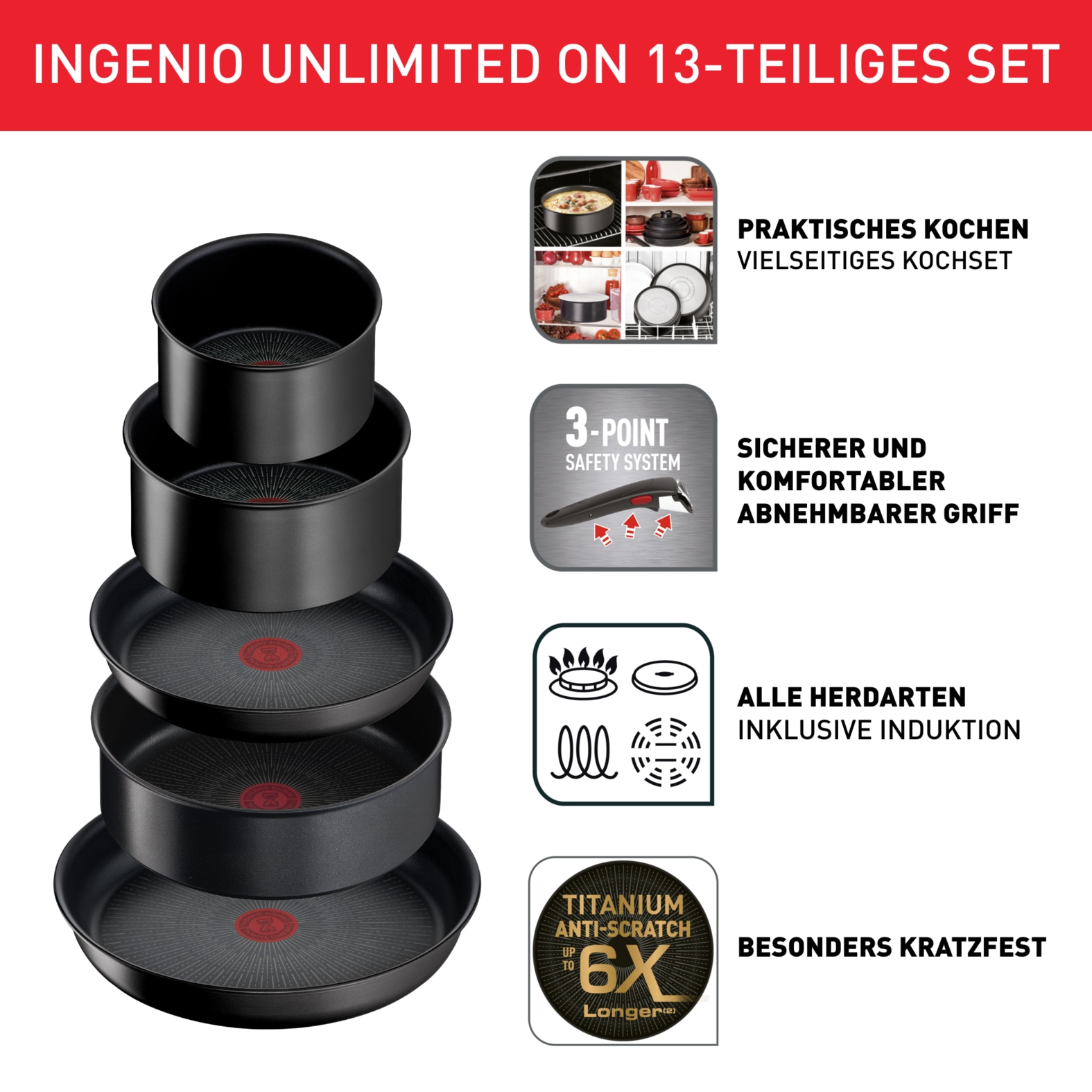 Tefal Topf-Set »Ingenio Unlimited On Pfannen und Töpfe induktionsgeeignet, Antihaft«, Aluminium, (Set, 13 tlg., Kasserolle 16/20/24 cm, Bratpfanne 24/28 cm, 3 Deckel, Küchenhelfer), Thermo-Signal, abnehmbarer Griff, für alle Herdarten geeignet