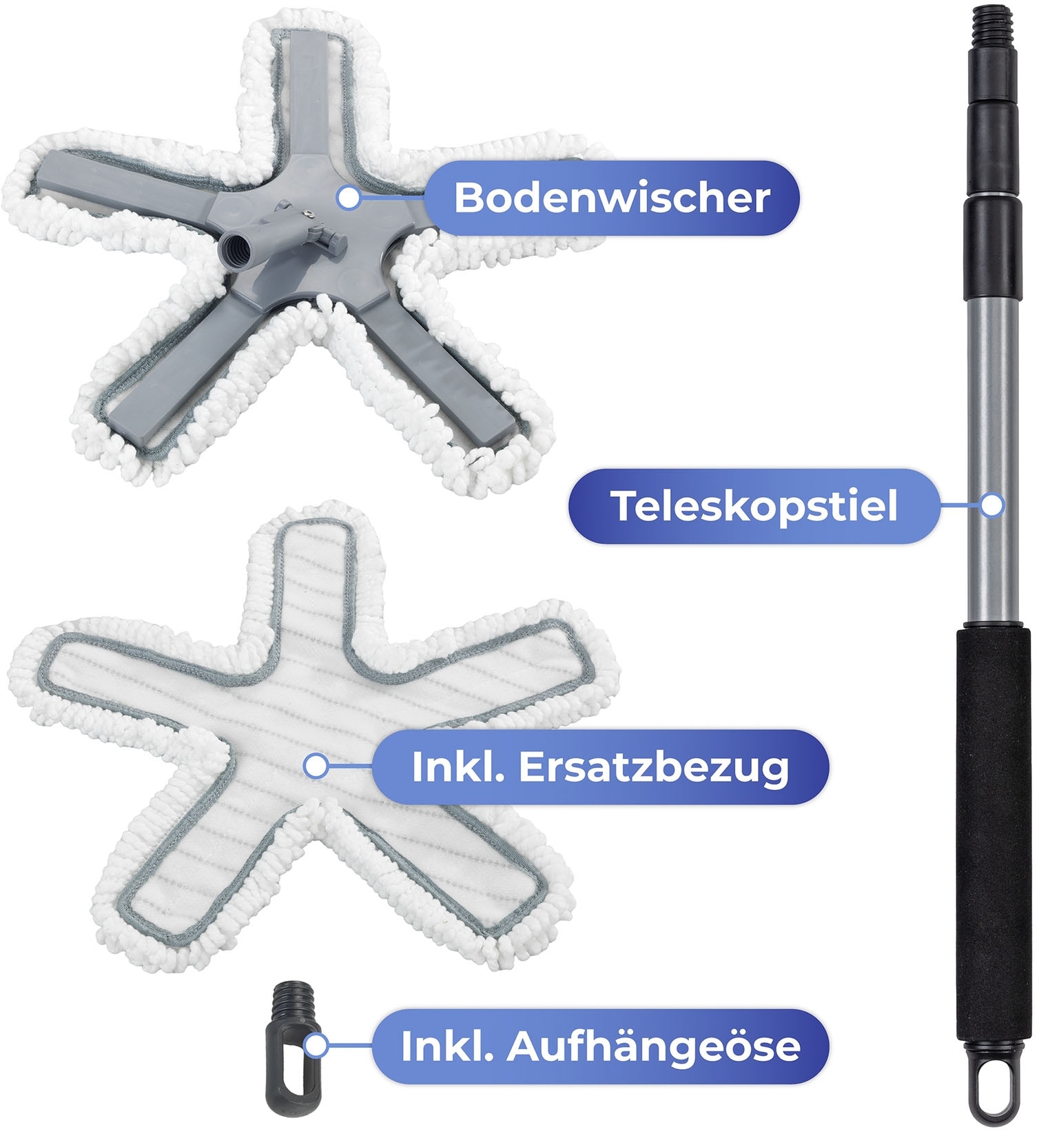 Maximex Bodenwischer-Set »Modell Oktopus mit Teleskopstiel«, (Set, 4 St.), 360° Duo-Knickgelenk, Mikrofaser-Bezug, reinigt nur mit Wasser