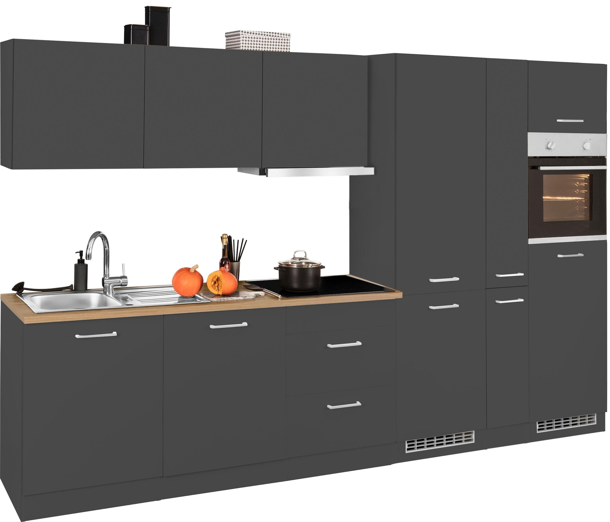 KOCHSTATION Küchenzeile »KS-Kehl«, mit E-Geräten, Breite 330 cm, inkl. Kühl/Gefrierkombination