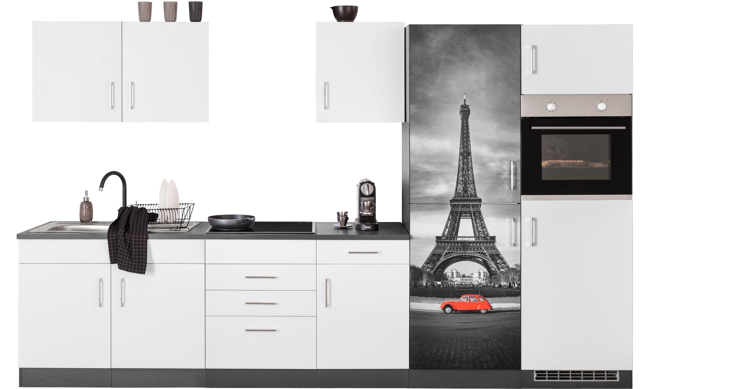 KOCHSTATION Küchenzeile "KS-Paris - Küchen mit einzigartigen Fotomotiven auf den Fronten" Breite 330 cm, wahlweise mit E-Geräten und Induktion