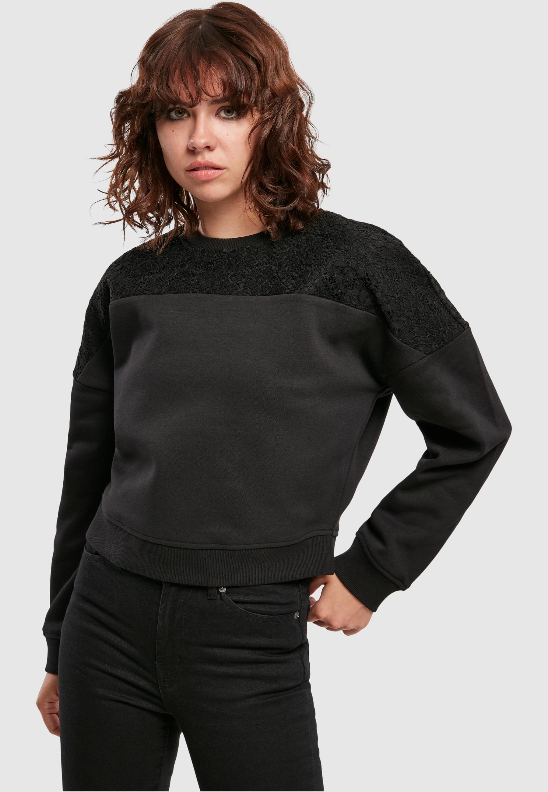 URBAN CLASSICS Sweater »Urban Classics Damen Ladies Short Oversized Lace Inset Crew«, (1 tlg.)