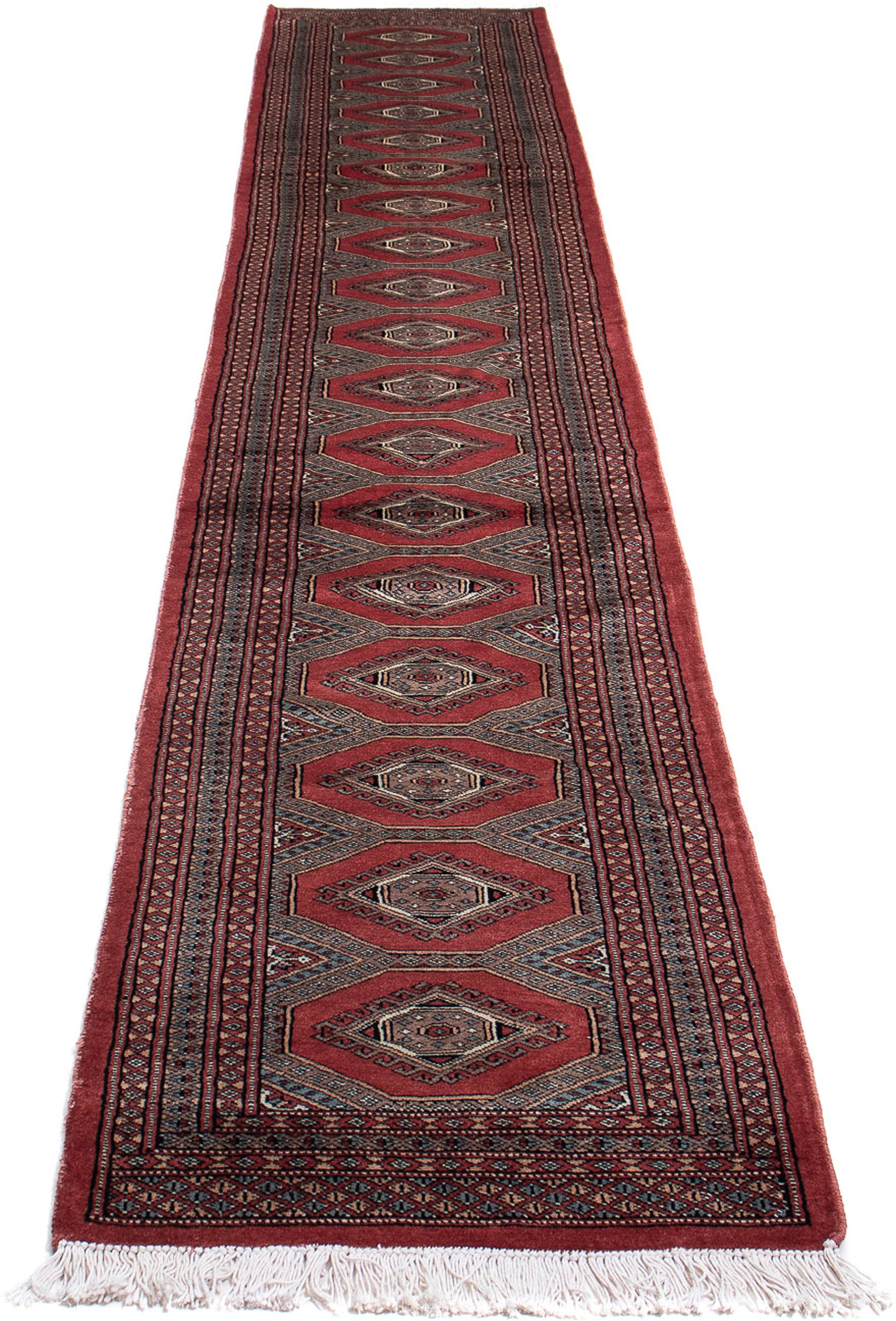 morgenland Orientteppich "Afghan - Buchara - 396 x 64 cm - dunkelrot", rechteckig, 7 mm Höhe, Wohnzimmer, Handgeknüpft, 