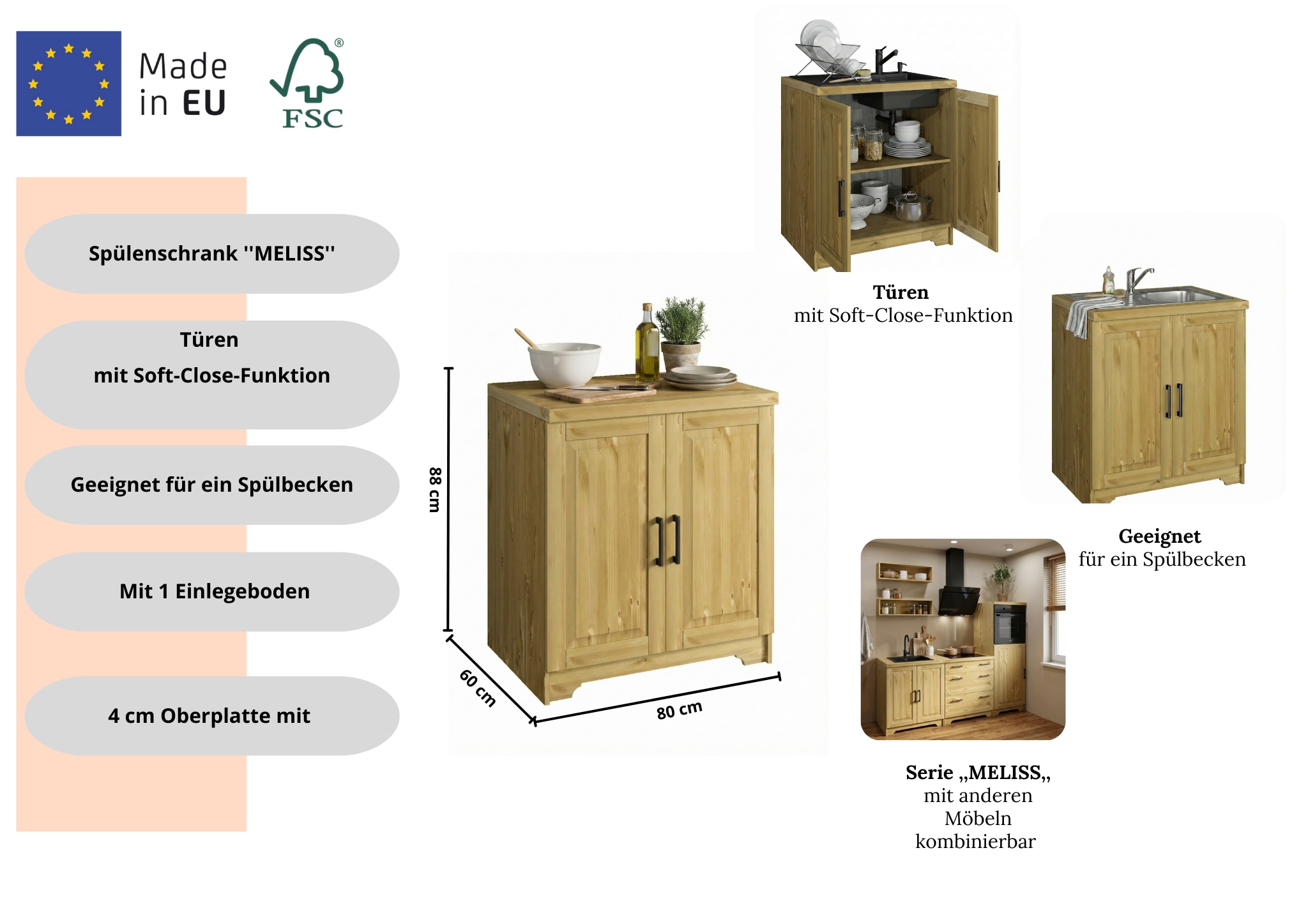 Home affaire Unterschrank »Meliss« aus massiver Kiefer, Breite 80 cm, Soft-Close-Funktion