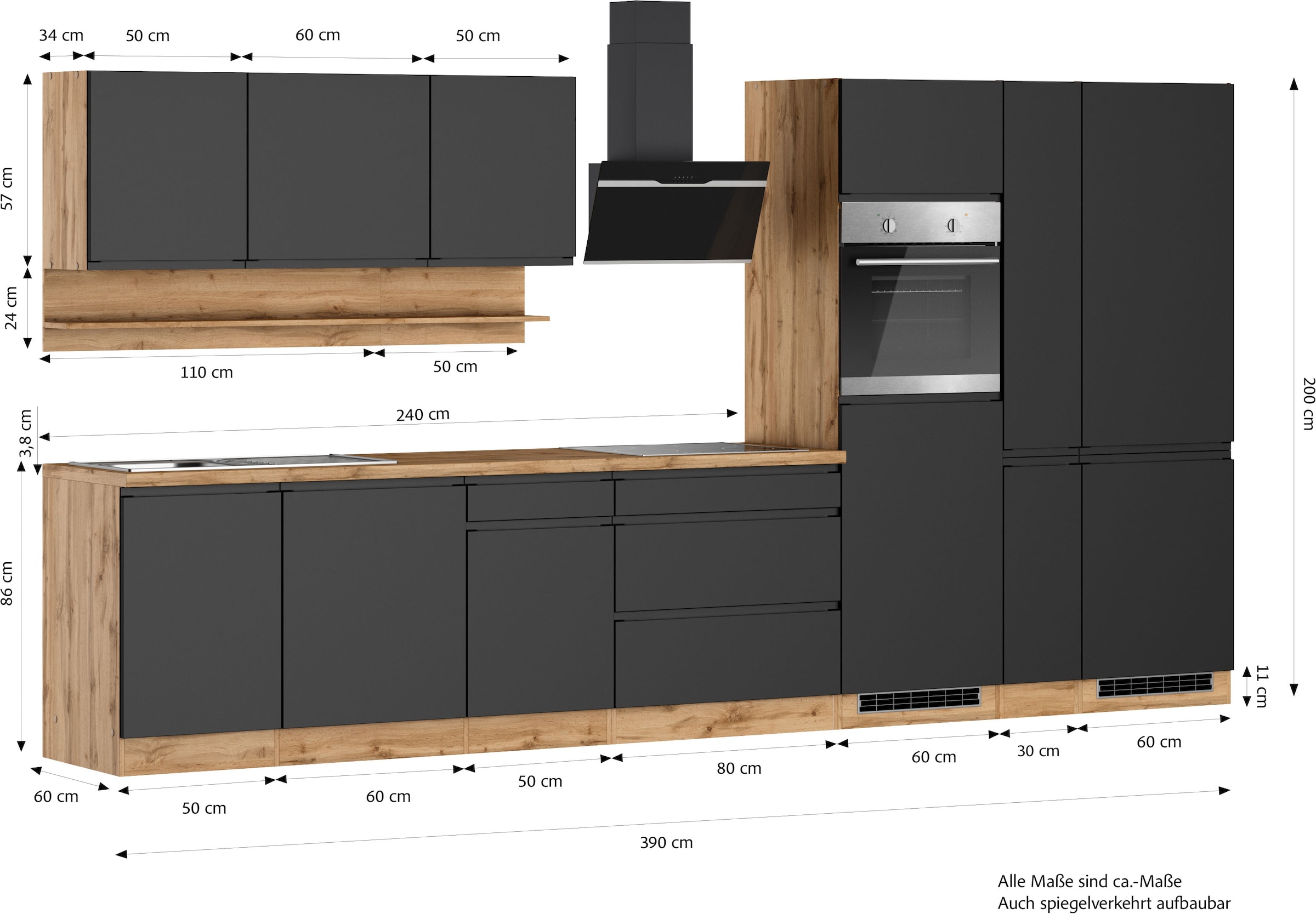 KOCHSTATION Küchenzeile »KS-Virginia,neu in verbesserter Ausführung« Arbeitsplatte 38 mm stark, Stauraum, Softclose,  Breite 390 cm, Soft-Close, mit Glaskeramik-oder Induktionskochfeld