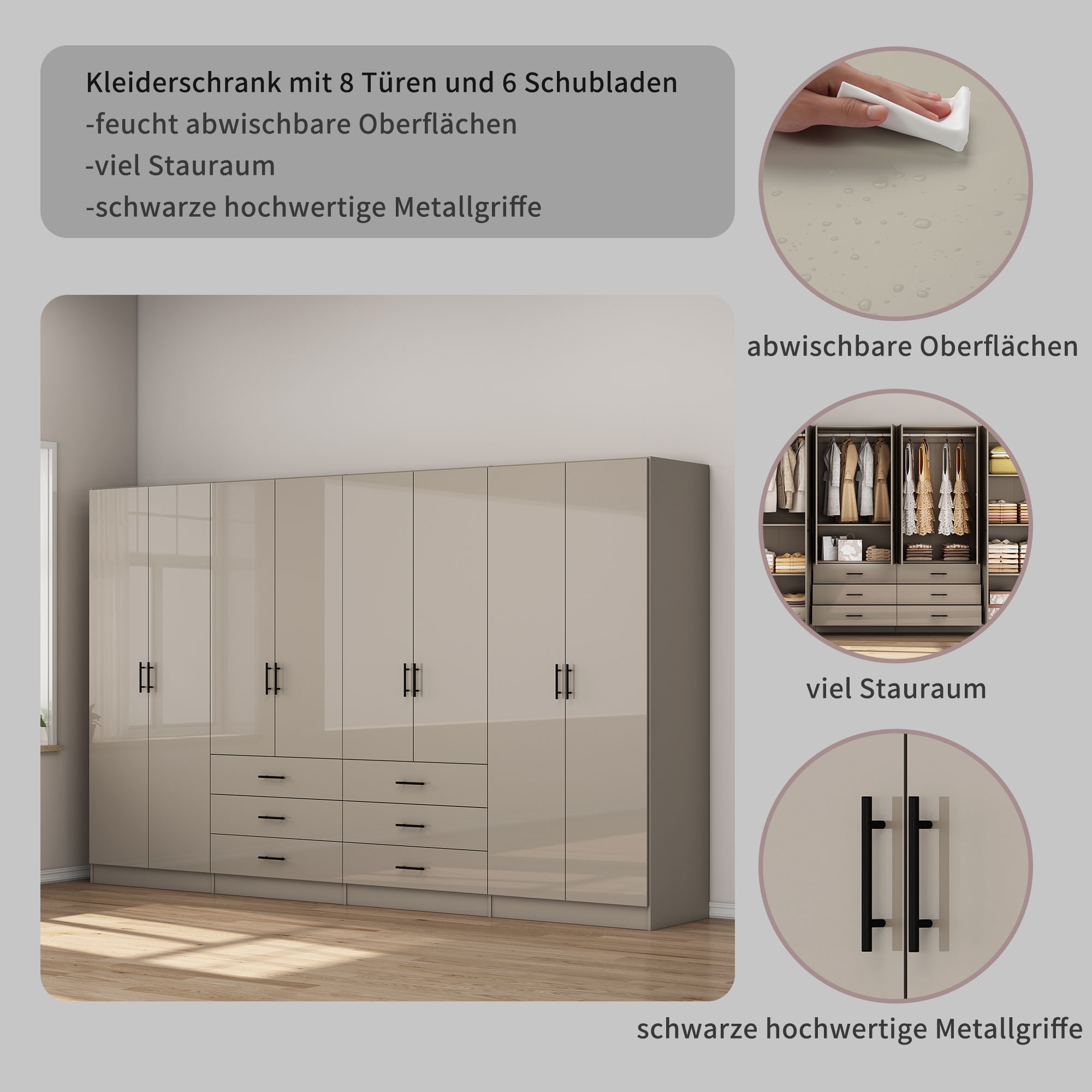 OTTO home Kleiderschrank »Trento Schlafzimmerschrank Garderobe hochglanz« Schrank mit 8 Türen und 6 Schubladen, hochglänzende Fronten