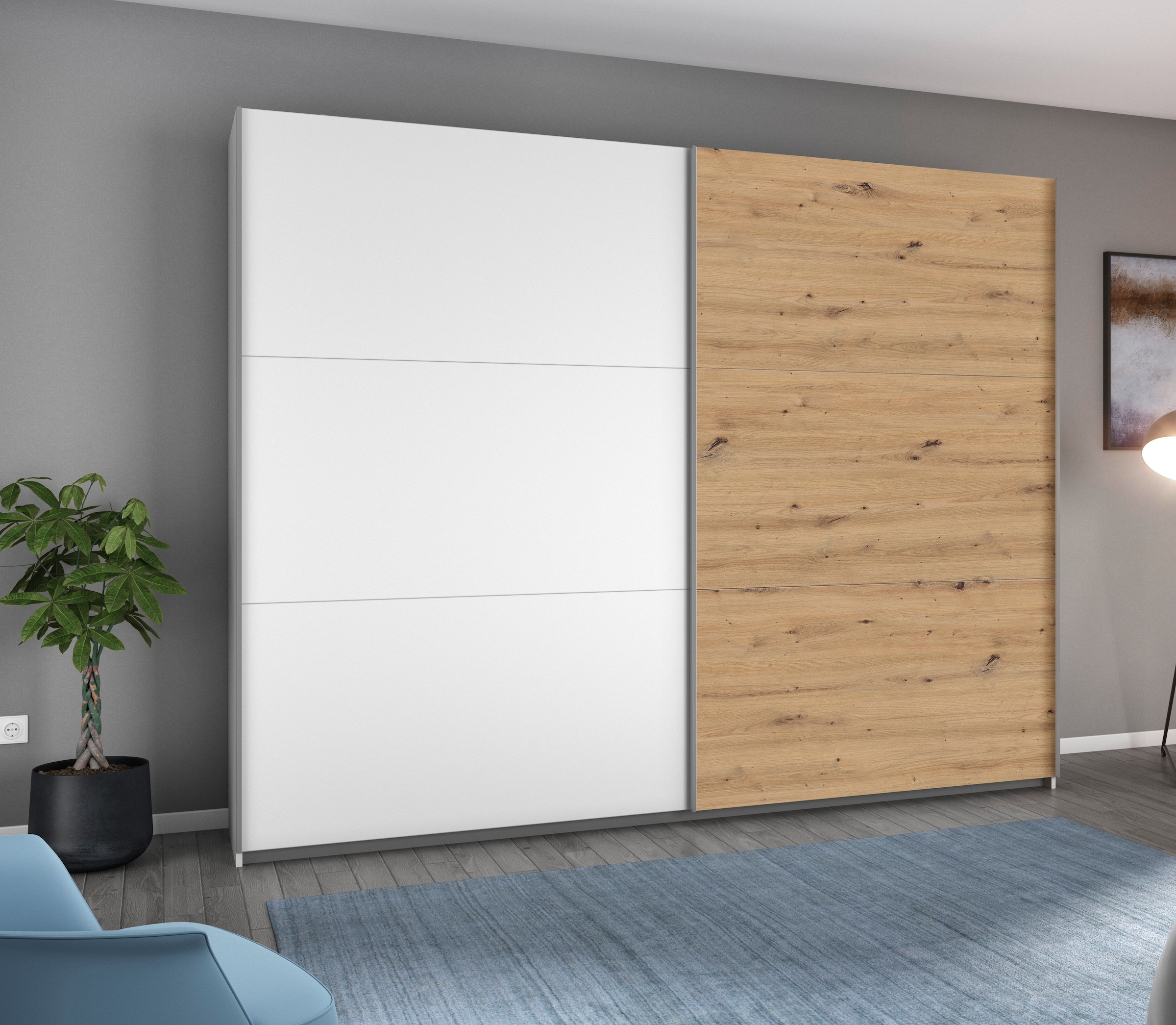 rauch Schwebetürenschrank "AURELIO Kleiderschrank Garderobe" 3 Ausstattungen BASIC/CLASSIC/PREMIUM (inkl. SOFT-CLOSE-FUNKTION), 3 verschiedene Ausstattungsvarianten Griffe aus Metall MADE IN GERMANY