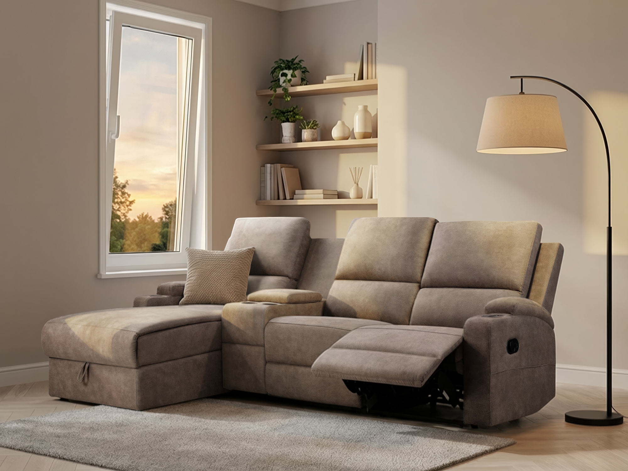 OTTO home Ecksofa "NAPORI Microfaser, Multimediasofa, 3er Kinosessel XXL, L-Form" Kinosofa, manuelle o. elektr. Relaxfunktion, Staufach, Getränkehalter
