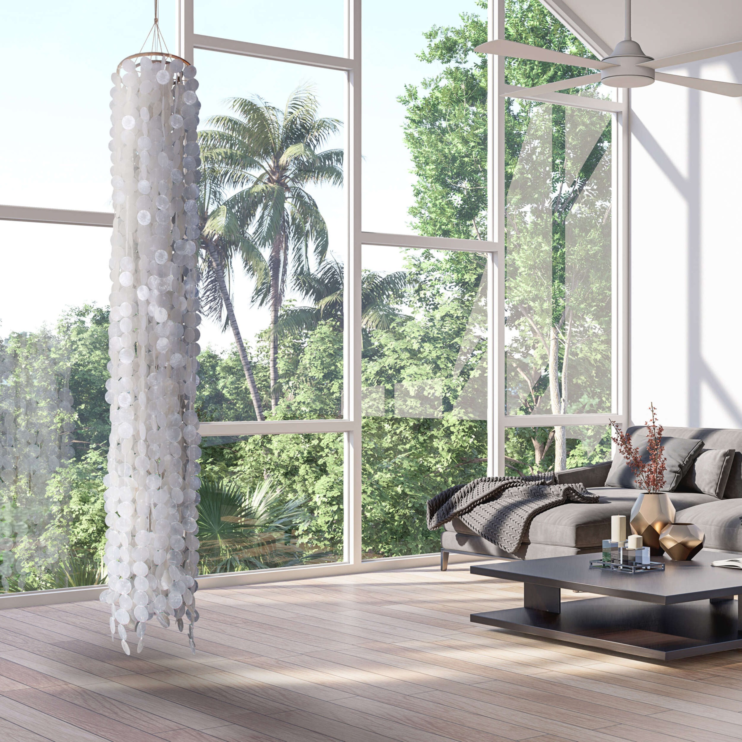 näve Pendelleuchte »Capiz« E27 1 Stk. aus dünnen weißen Muschelplättchen, Holzaufhängung, 3x E27 exkl.