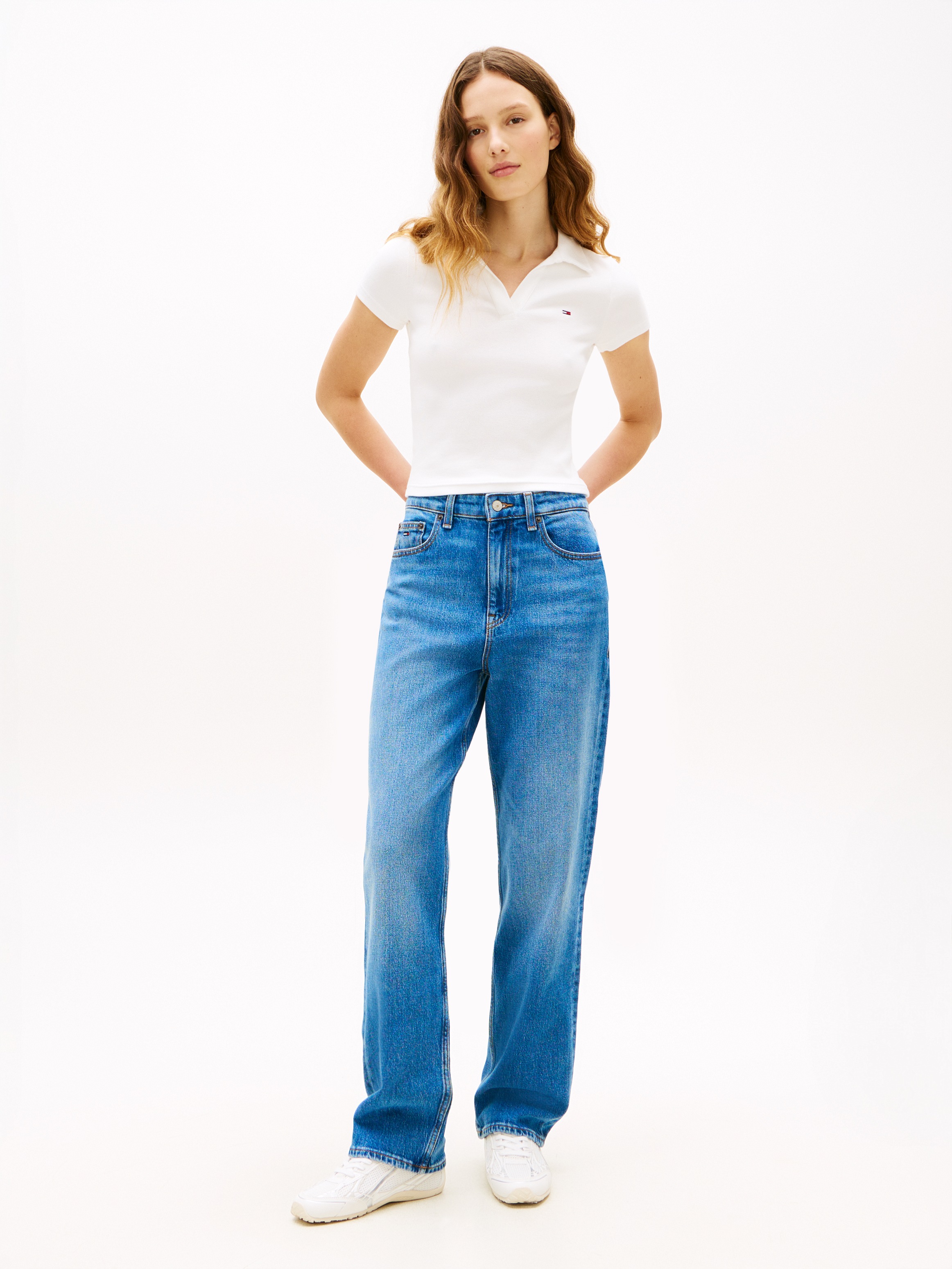 Straight-Jeans TOMMY JEANS "LAYLA HR SLIM STR", Damen, Gr. 33, Länge 28, denim medium, Denim/Jeans, Obermaterial: 99% Baumwolle, 1% Elasthan, unifarben, slim fit lang, Jeans Straight-Jeans, High Waist, Baumwoll-Qualität 2