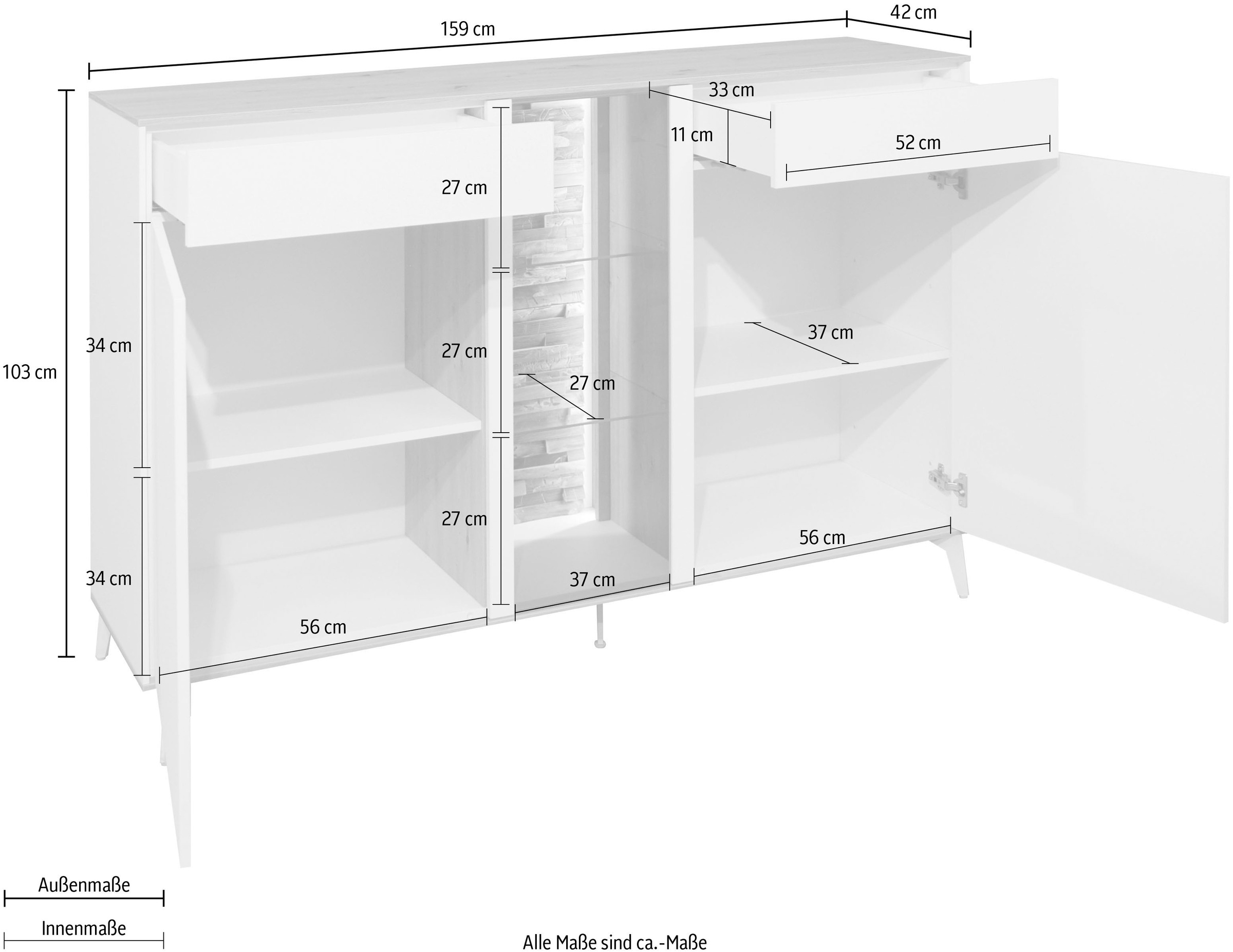 Mäusbacher Kommode, Faro Sideboard 159 cm, inkl. Beleuchtung, Push to open, Metallfüße