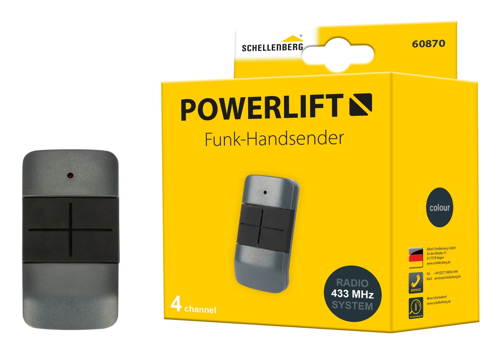 SCHELLENBERG Garagentor-Funkempfänger "Powerlift, Funk-Handsender 4-Kanal für Garagen- und Außentorantriebe" Garagentorantrieb Funkfrequenz 433,92 MHz, Reichweite 40 m, inkl. Batterie