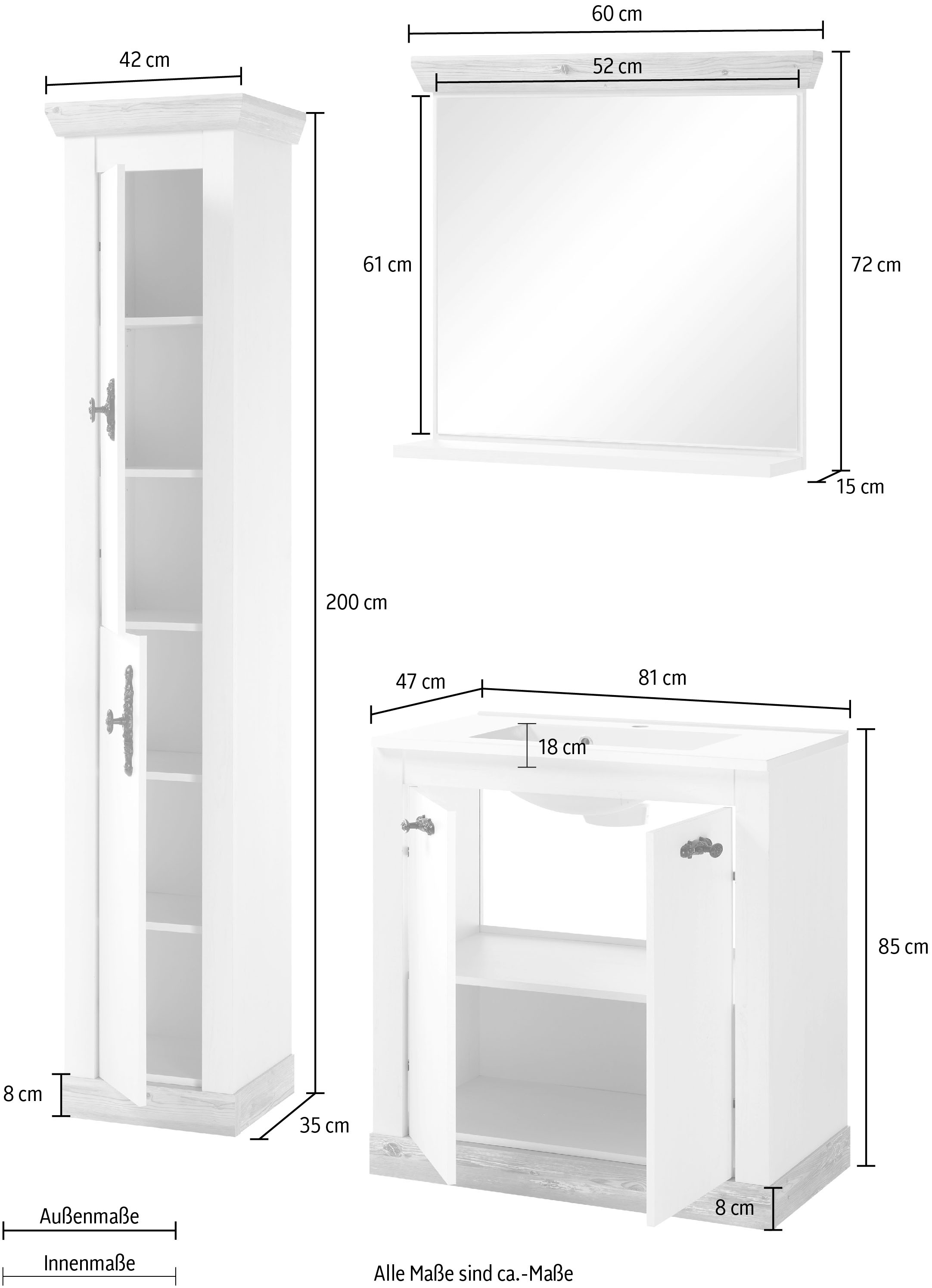 Home affaire Badmöbel-Set »Florenz, Bad im Landhausstil, 3-teiliges Badezimmer«, (3 St.), Waschtisch, Schrank und Spiegel mit Ablage, in Pinie Weiß, Stauraum