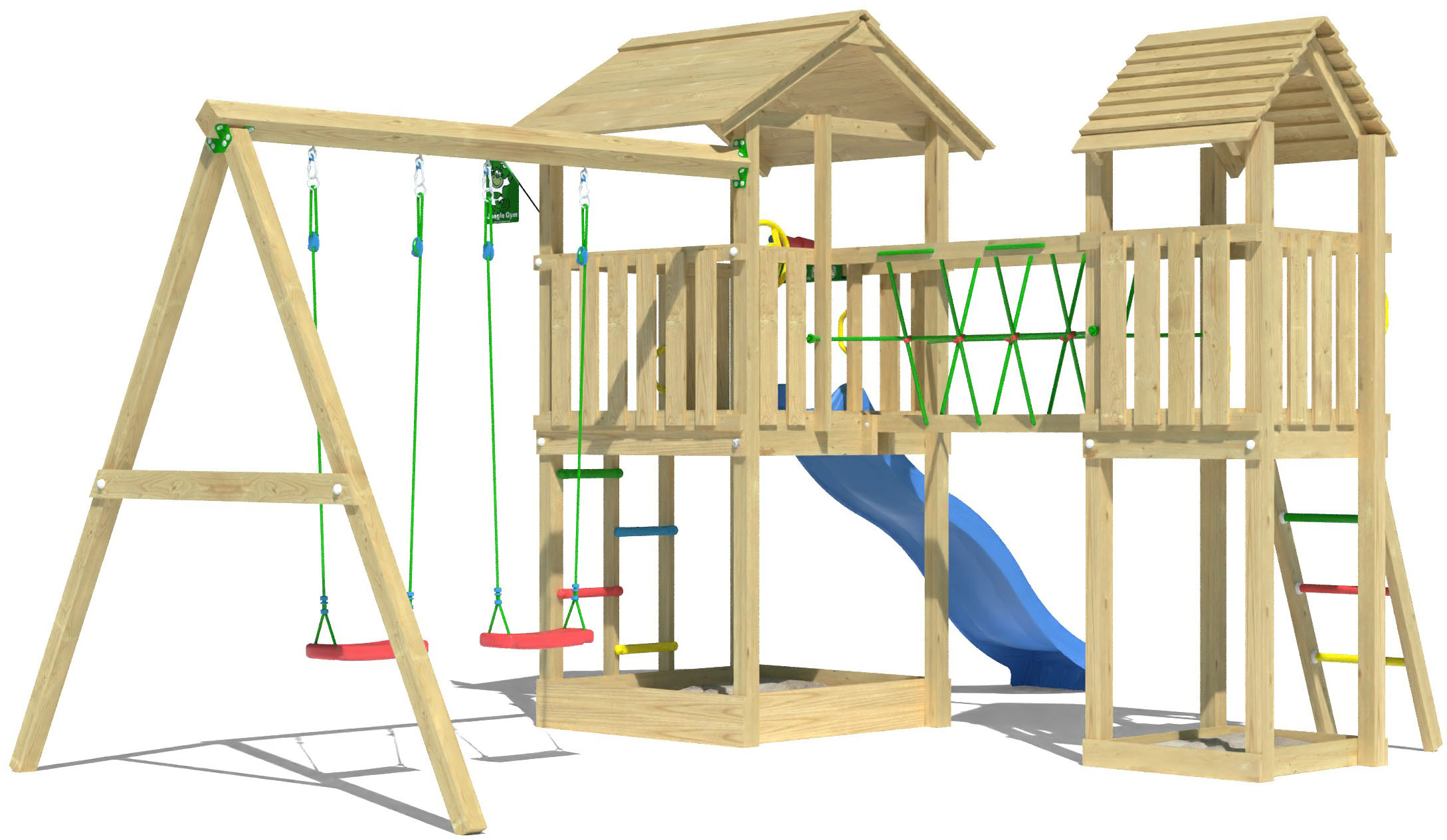 JUNGLE GYM Jungen Spielturm "Nova", blau, Holzwerkstoff, B:524cm H:280cm T:350cm, Spieltürme, Spielanlage mit 2 Türmen, Schaukel und Rutsche mit