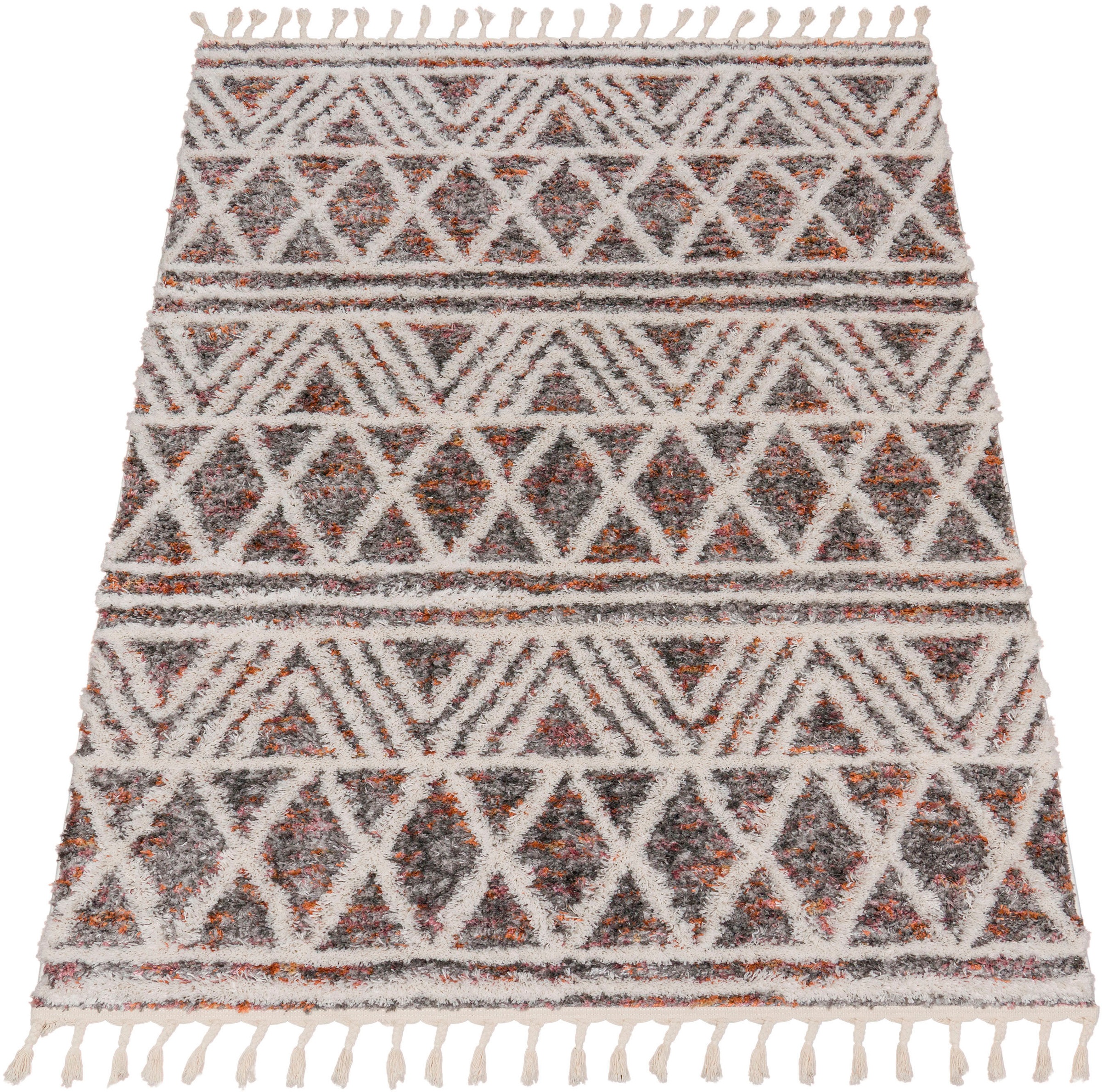 Paco Home Hochflor-Teppich »Monza 652«, rechteckig, 34 mm Höhe, meliert, Rauten Muster, 3D-Effekt, mit Fransen
