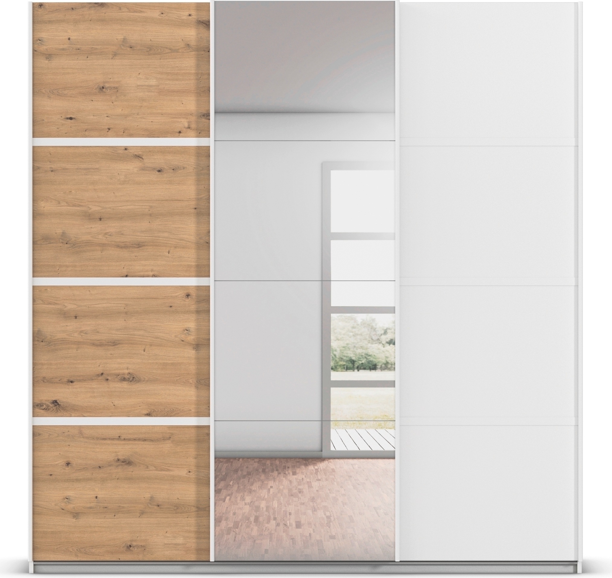 rauch Kleiderschrank »Schwebetürenschrank Garderobe Schrank TOP ANGEBOT Avola«, (in 3 verschiedenen Ausstattungen BASIC/CLASSIC/PREMIUM inkl. Spiegel), mit eleganten Zierleisten in Chrom, Schwarz oder Weiß MADE IN GERMANY