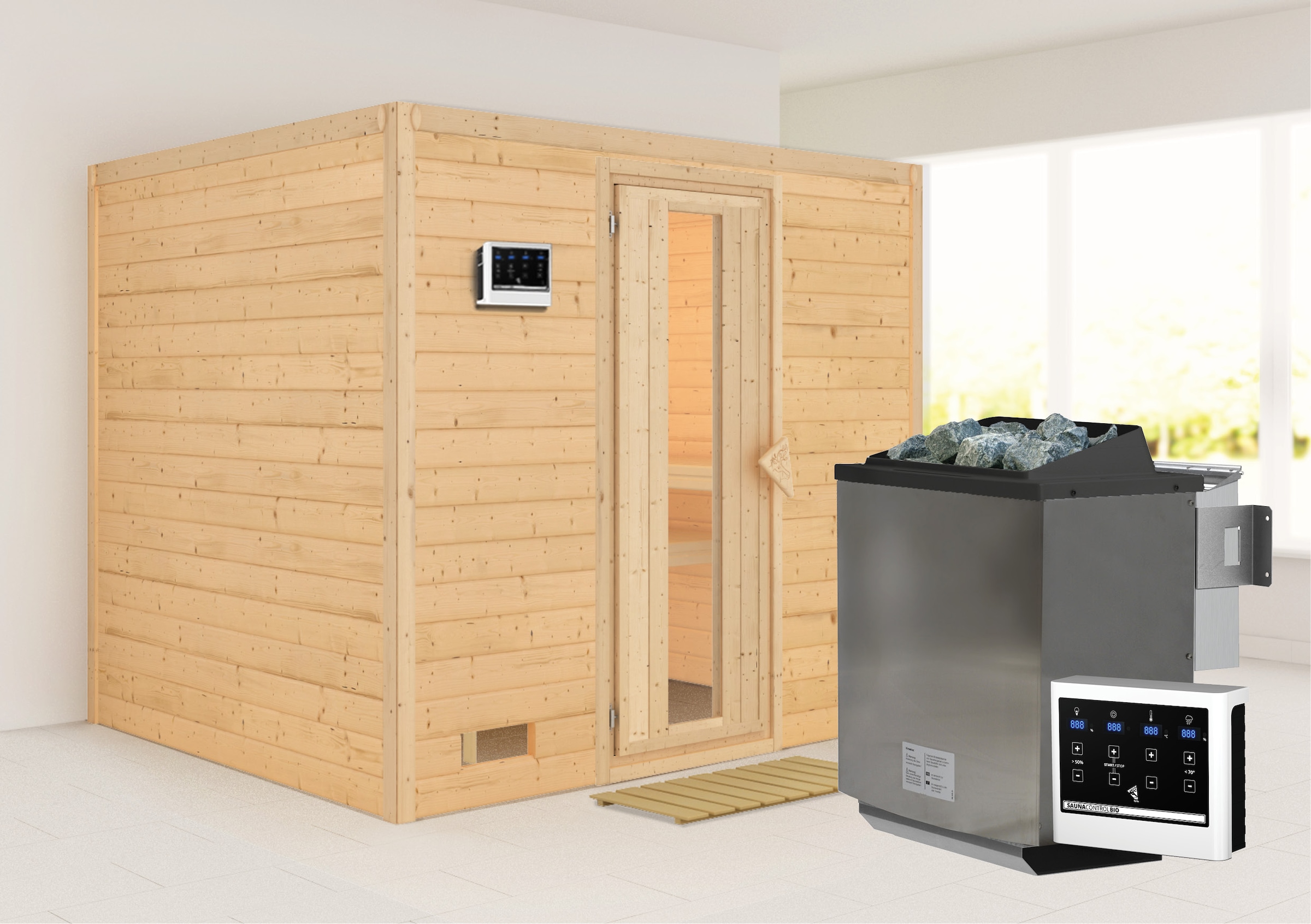 Karibu Sauna "Soraja" Set, 9-kW-Bio-Ofen mit externer Steuerung