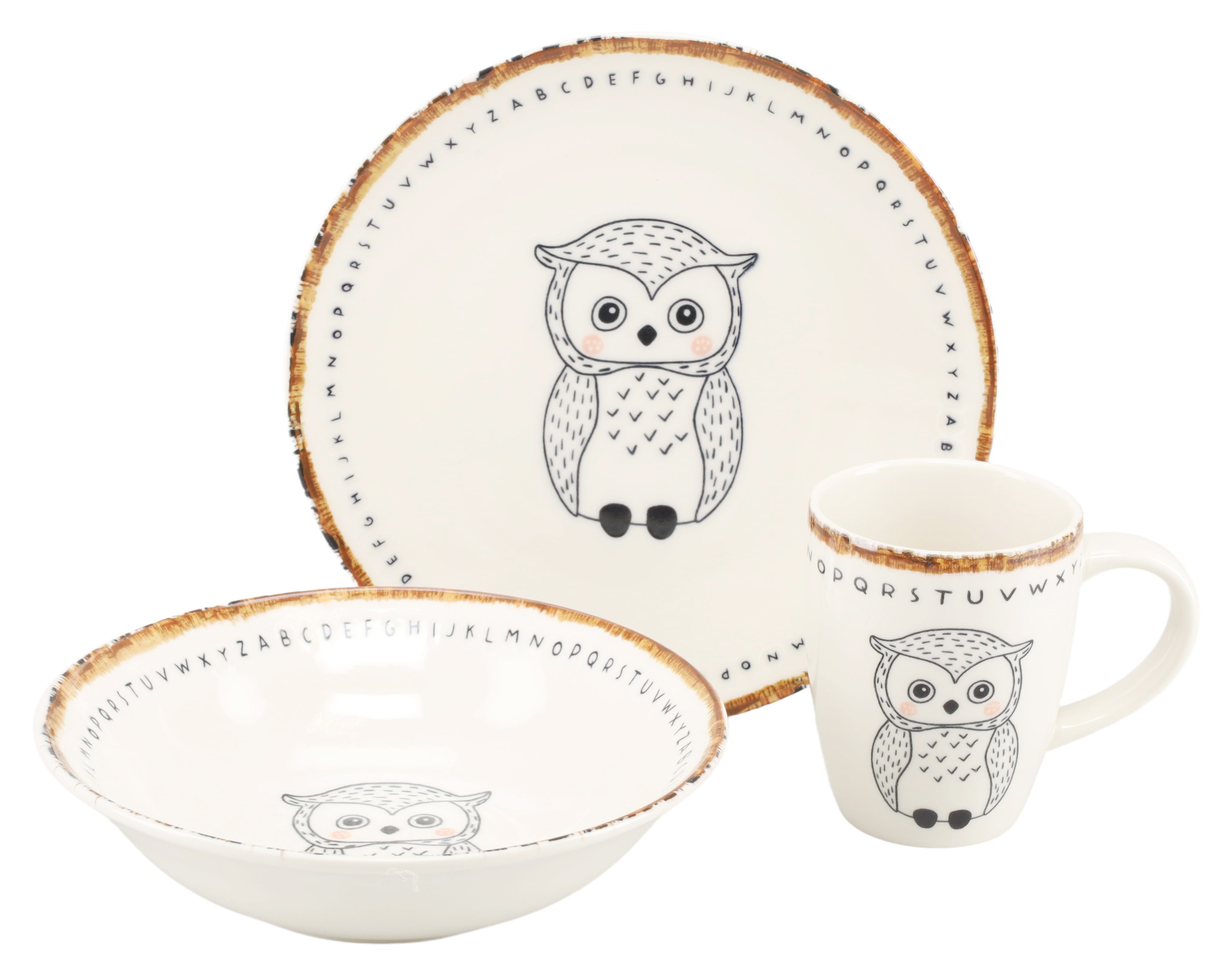 CreaTable Kindergeschirr-Set "Freunde des Waldes Eule, Kinder Set 3-tlg." Tiermotive, skandinavischer Stil, unregelmäßiger brauner Rand