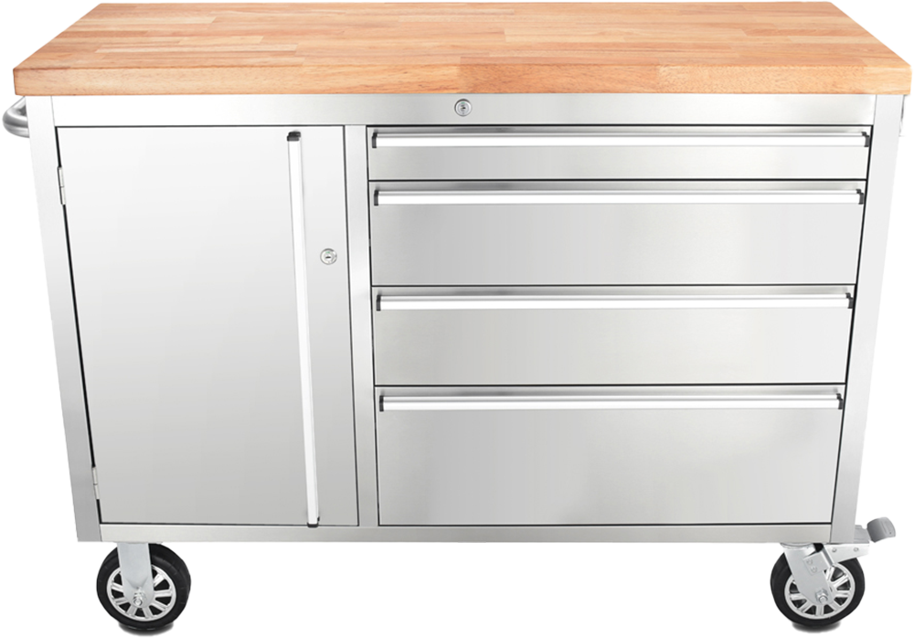 ONDIS24 Werkstattwagen "Werkzeugwagen aus Edelstahl mit 1 Tür 4 Schubladen", B:130cm H:92cm T:49cmsilberfarben, Werkstattwagen, fahrbar,