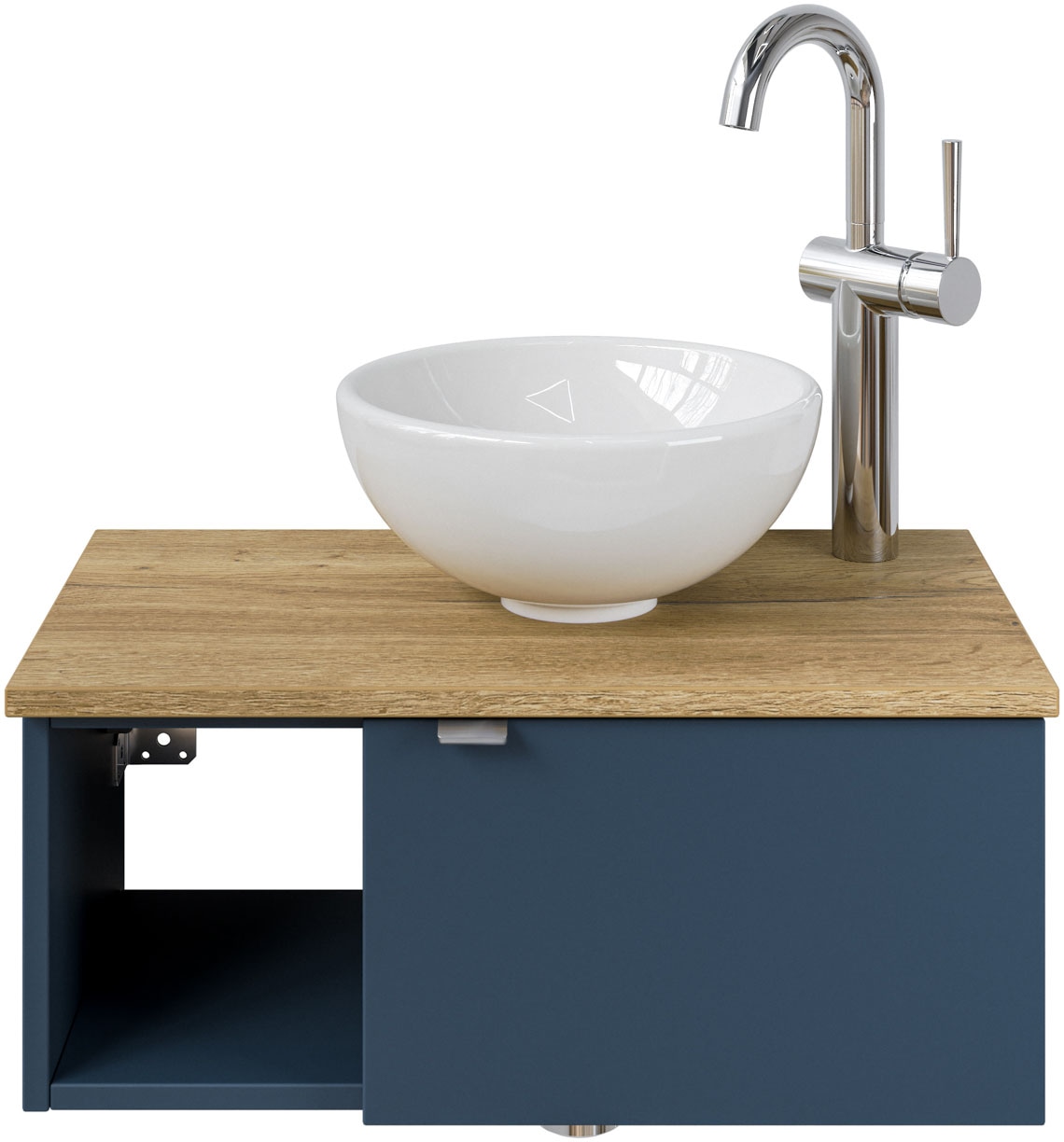 Saphir Waschtisch "Serie 6915 Waschschale mit Unterschrank für Gästebad, Gäste WC" Keramik-Aufsatzbecken, Waschtischplatte, Waschtischunterschrank, 3 Stk. tlg. 61 cm mit Keramik-Aufsatzbecken, 1 Tür und 1 Fach