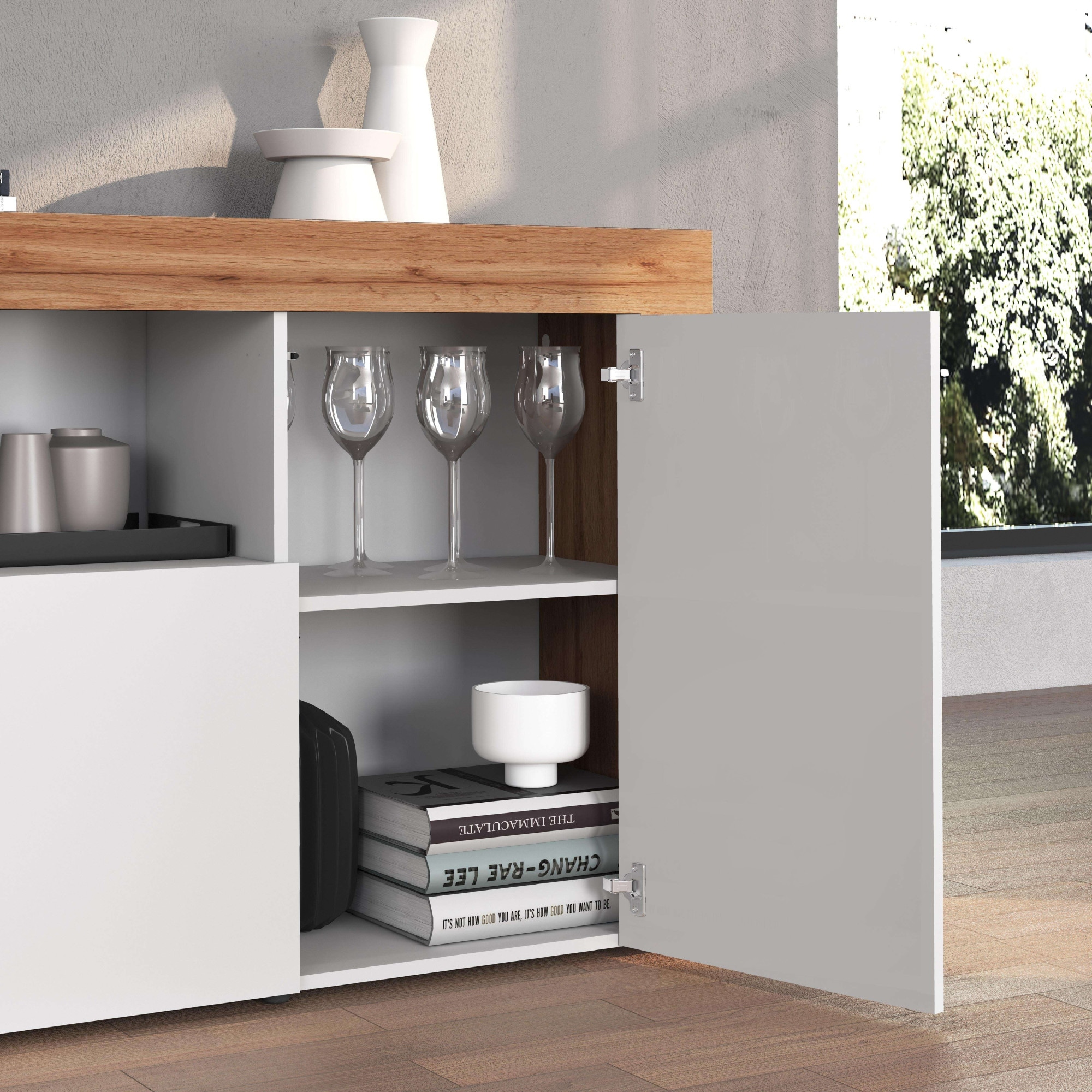INOSIGN Sideboard »CHRONOS Breite 155 cm mit 3 Türen, 1 offenes und 6 geschlossene Fächer«, (1 St.), Sideboard,Kommode, Schrank, Grifflos mit Push to Open, Made in Italy