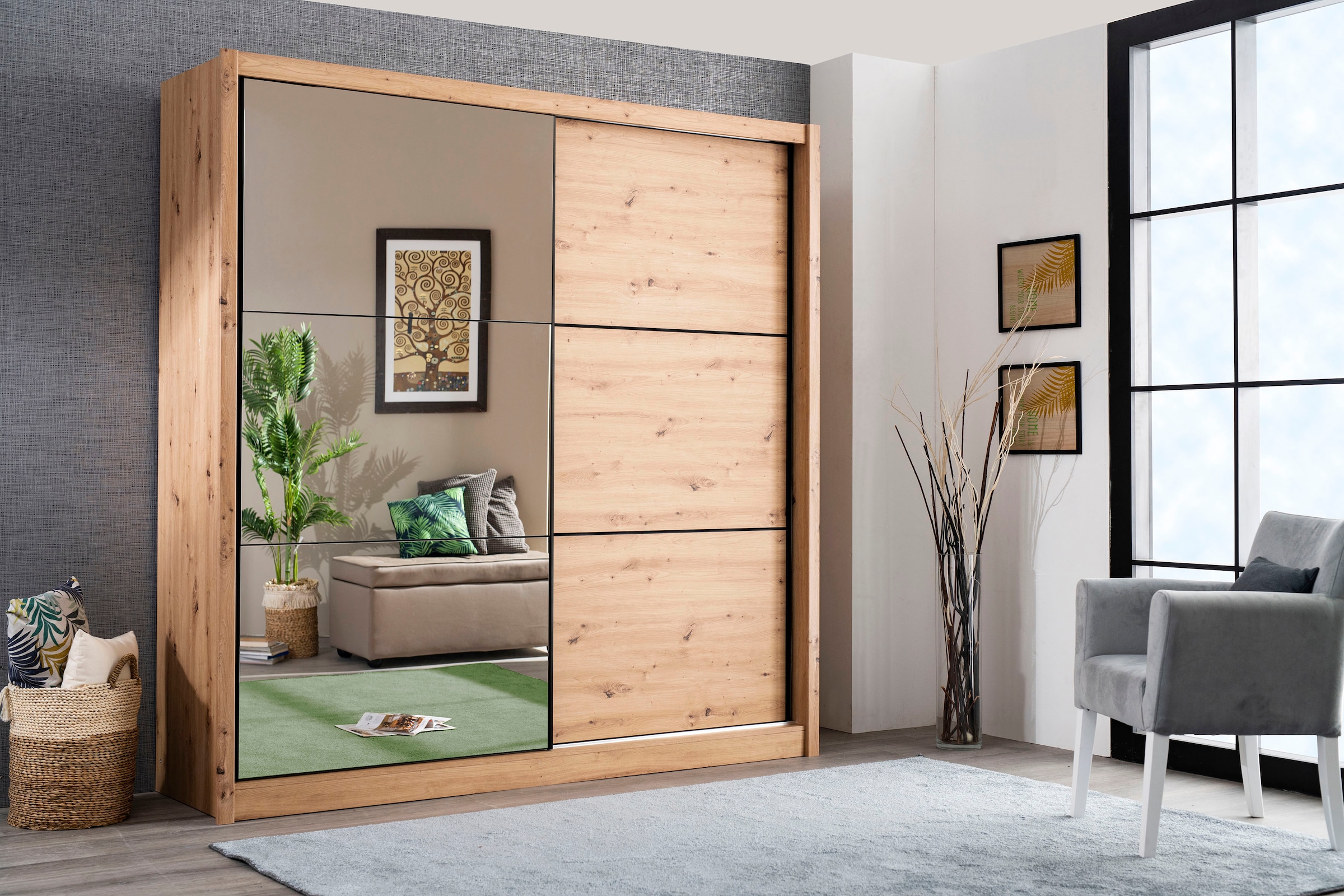 Home affaire Schwebetürenschrank "Navara Kleiderschrank mit Spiegel Wäscheschrank Garderobe" mit großzügiger Innenausstattung, FSC-zertifiziert, in 3 Breiten