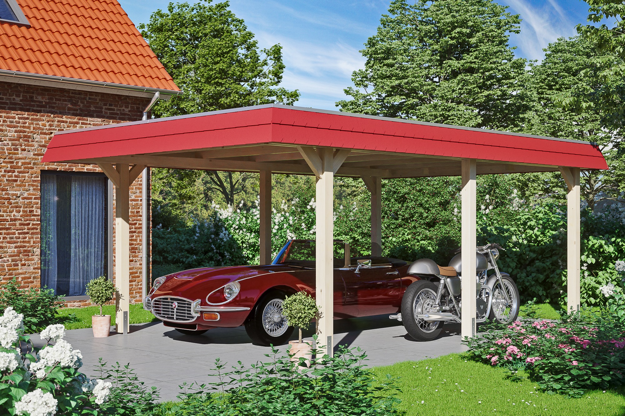 Skanholz Einzelcarport »Wendland«, Leimholz-Fichte, 341 cm, Natur, mit Aluminiumdach, rote Blende