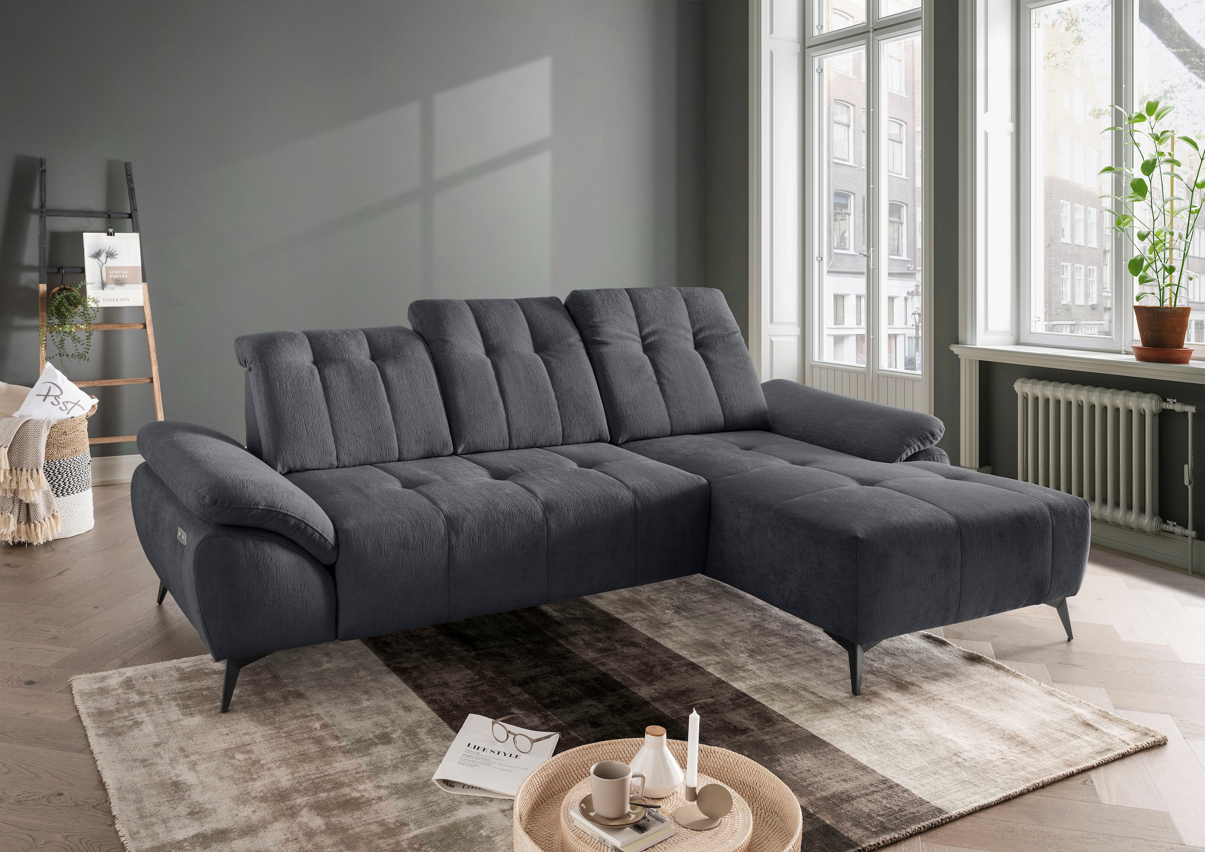 Home affaire "Fiore modern, bequeme Armlehnen, tolle Detailverarbeitung, L-Form" elektrischer Sitzvorschub und Kopfstützen höhenverstellbar