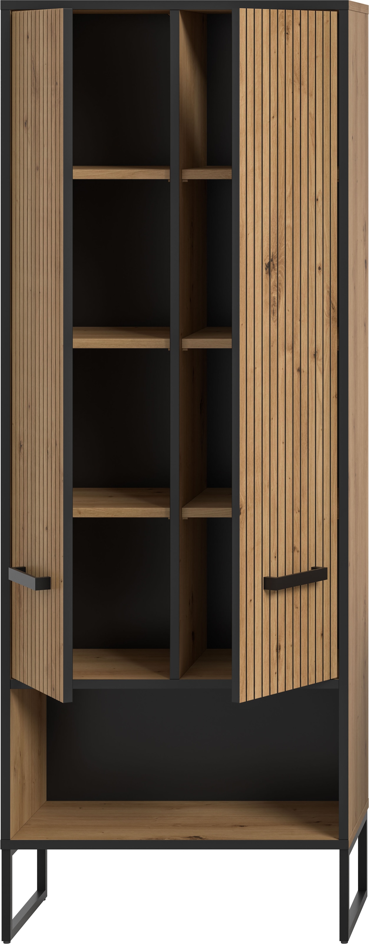 welltime Hochschrank »LOCRI, Höhe 159 cm, 2 Türen, 6 Einlegeböden, 1 offenes Fach« industrial Look mit Rillenoptik & Metall Kufen, 1 Stk. tlg. variable Einlegeböden, modernes Design, Badschrank, Bad