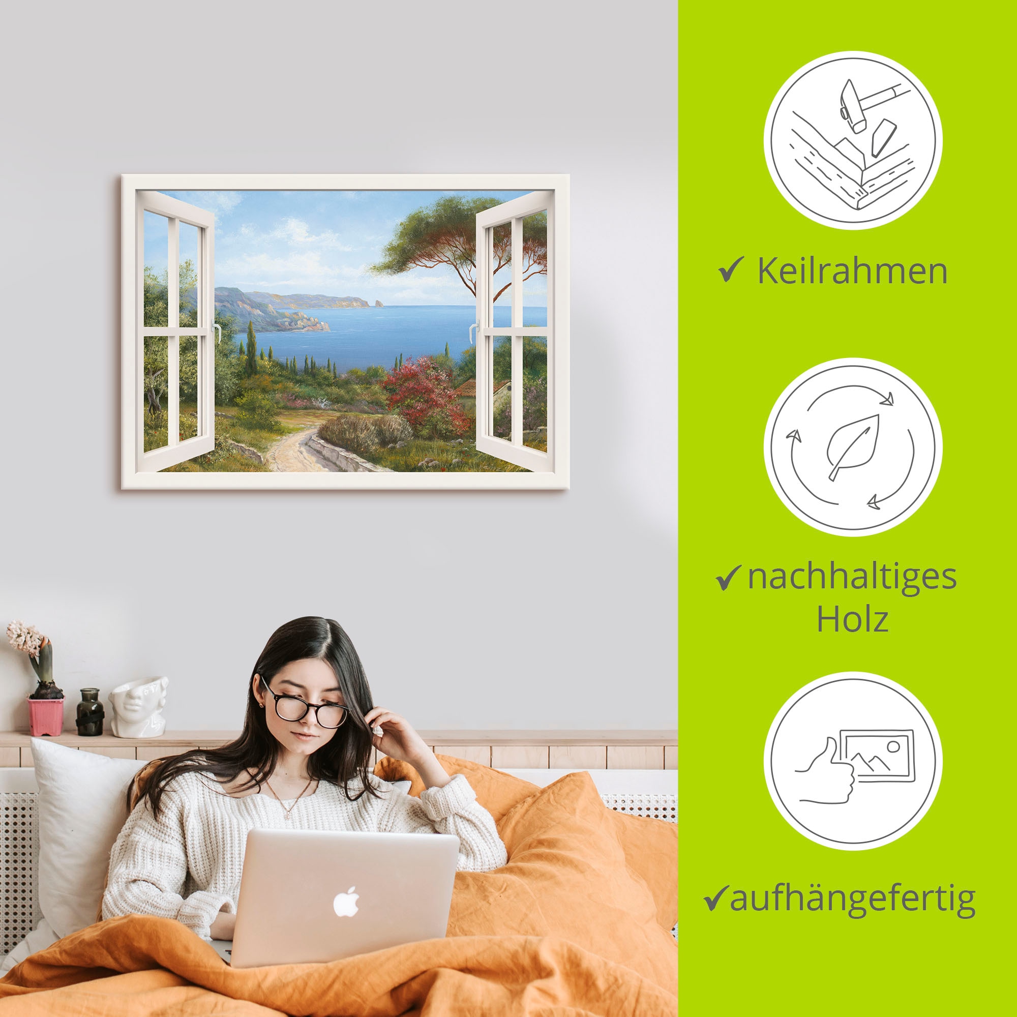 Artland Wandbild »Fensterblick - Haus am Meer I«, Fensterblick, (1 St.), als Leinwandbild, Poster, Wandaufkleber in verschied. Größen