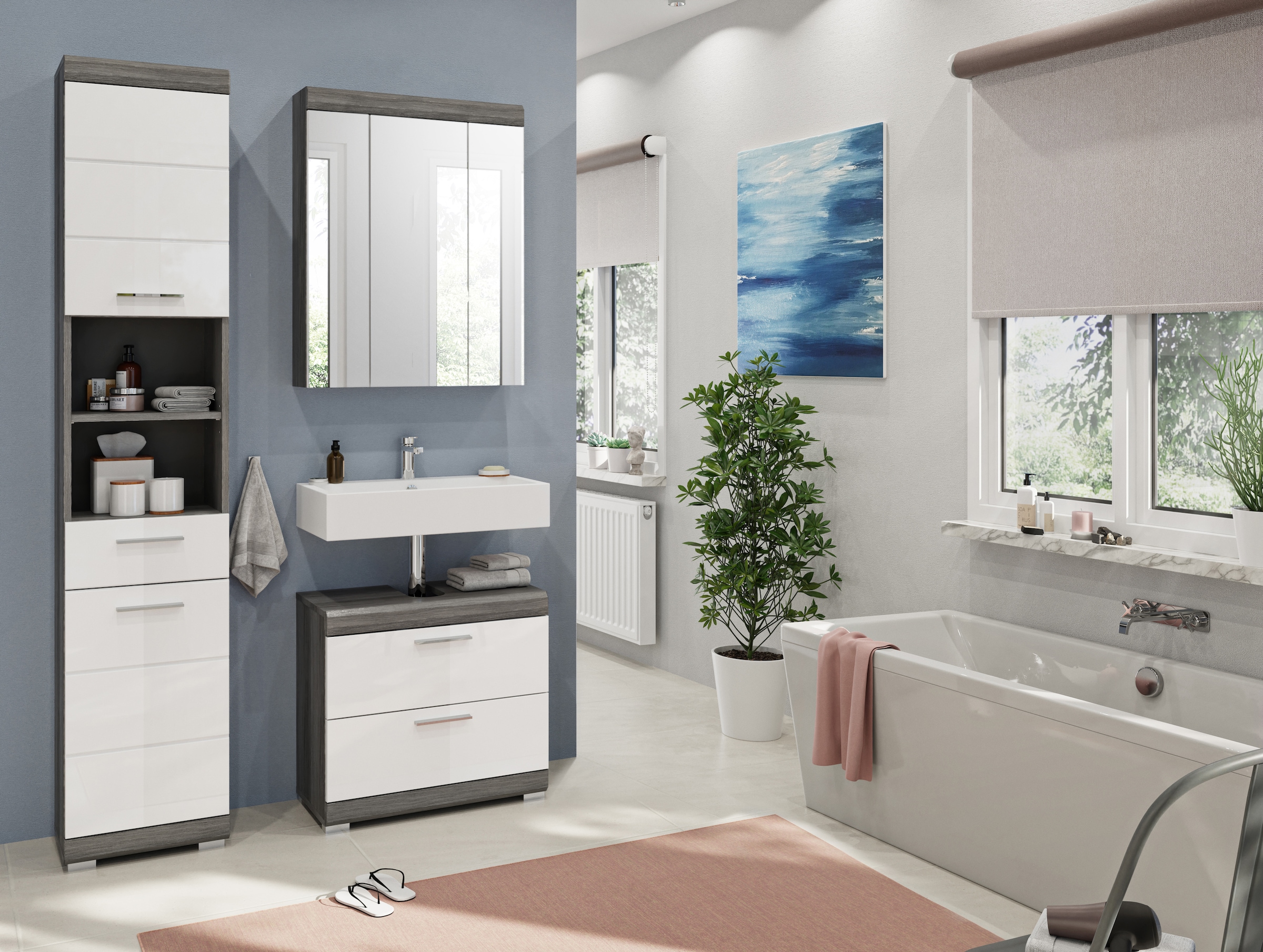 INOSIGN Badmöbel-Set »Siena, 3 teilig, bestehend aus:«, (Set, 3 St.), Hochschrank, Waschbeckenunterschrank, Spiegelschrank