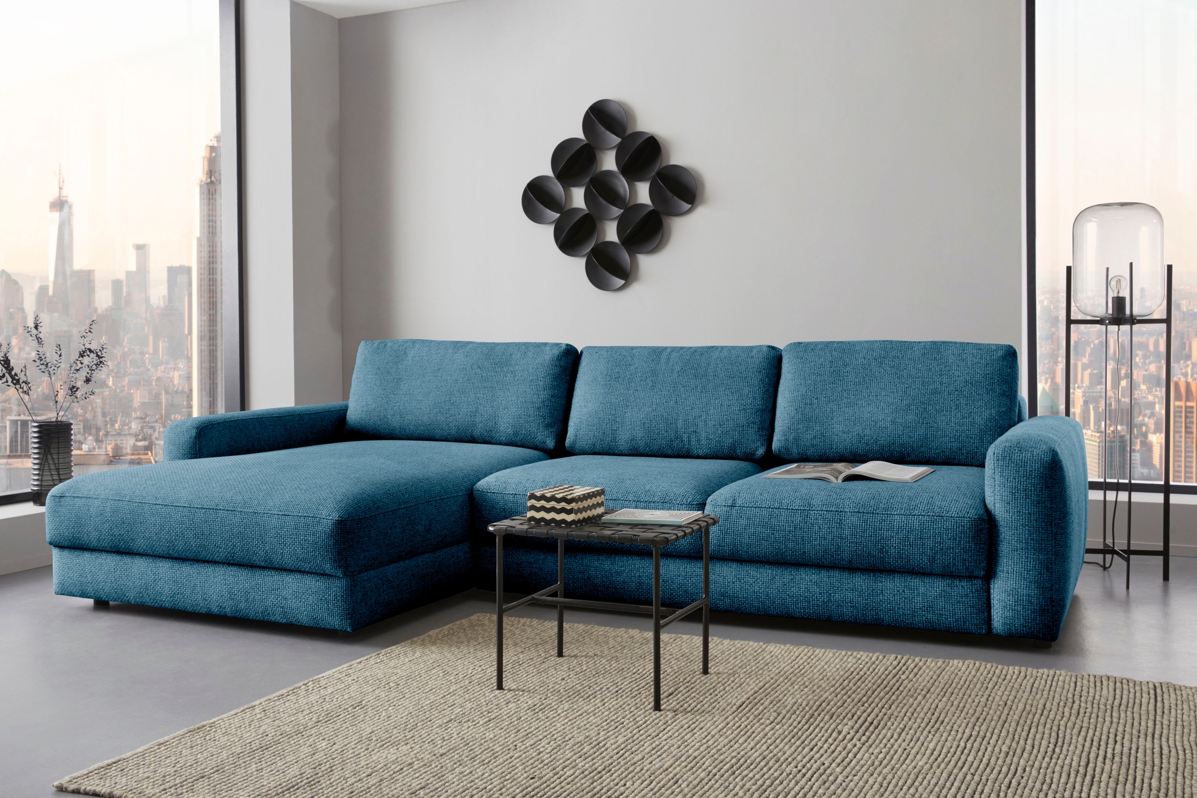 Ecksofa HOME AFFAIRE "Bloomfield, bequem und elegant, Breite 303cm, L-Form", blau (tepestry), B:303cm H:84cm T:176cm, 100% Polyester, Sofas, Ecksofa, wahlweise mit Bettfunktion und Bettkasten, Unser Dauertiefpreis
