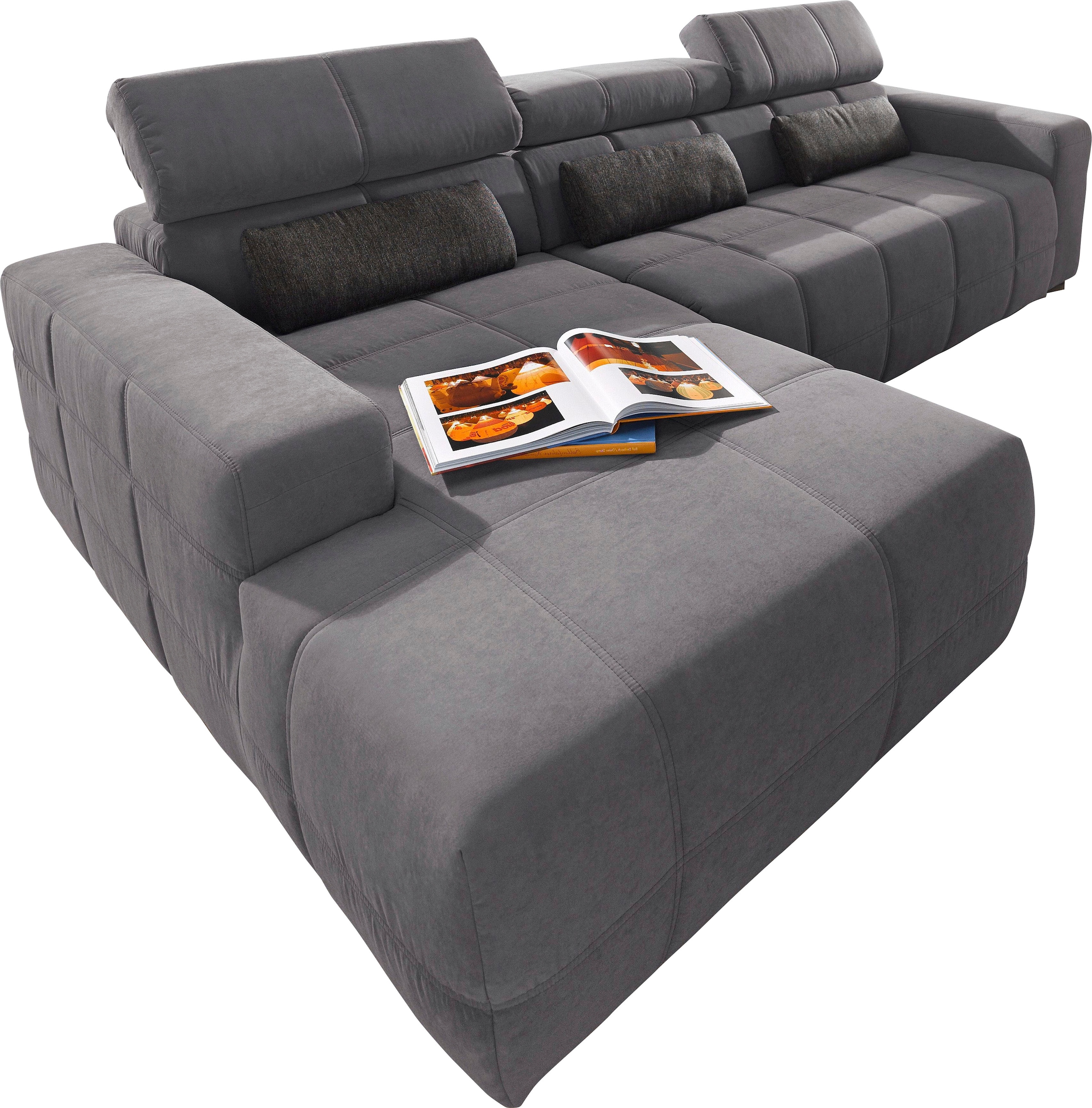 DOMO collection Ecksofa »BRANDON  289x177 cm, belastbar bis 140 kg/Sitz, L-Form« mit Sitztiefenverstellung, Luxus-Microfaser, dunkelgrau