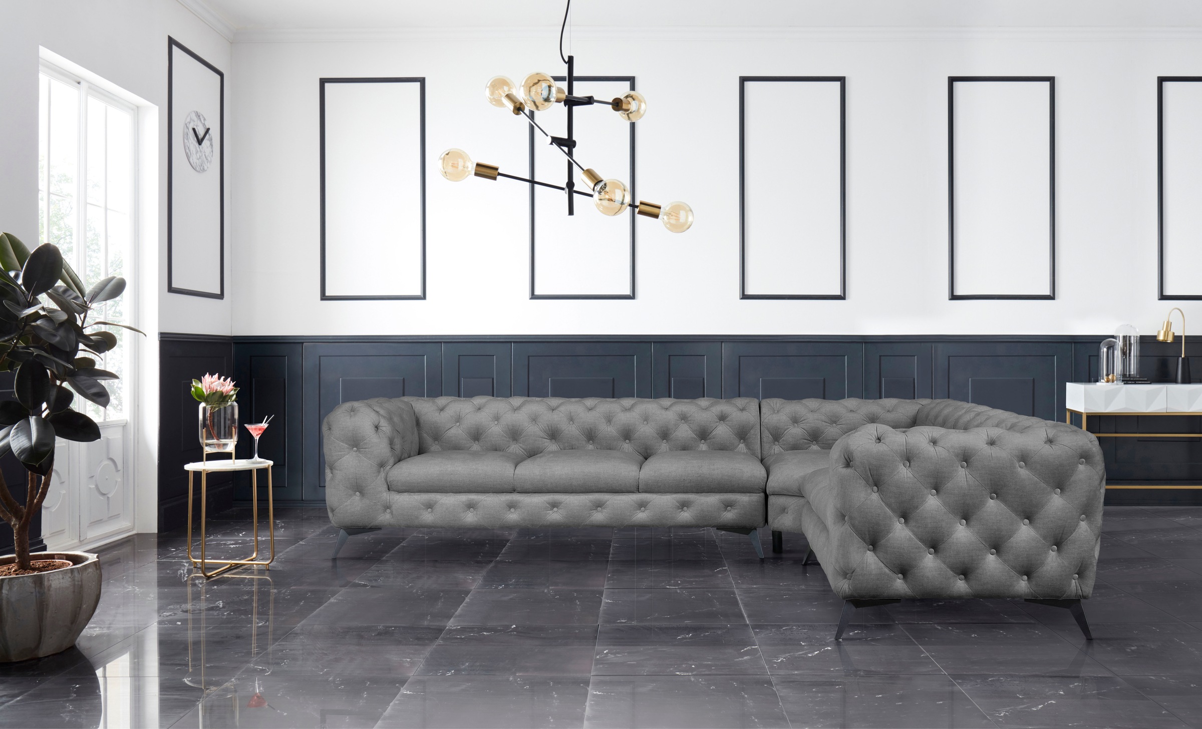 Leonique Chesterfield-Sofa "Ecksofa GLYNIS L-Form mit Wellenunterfederung, günstig online kaufen