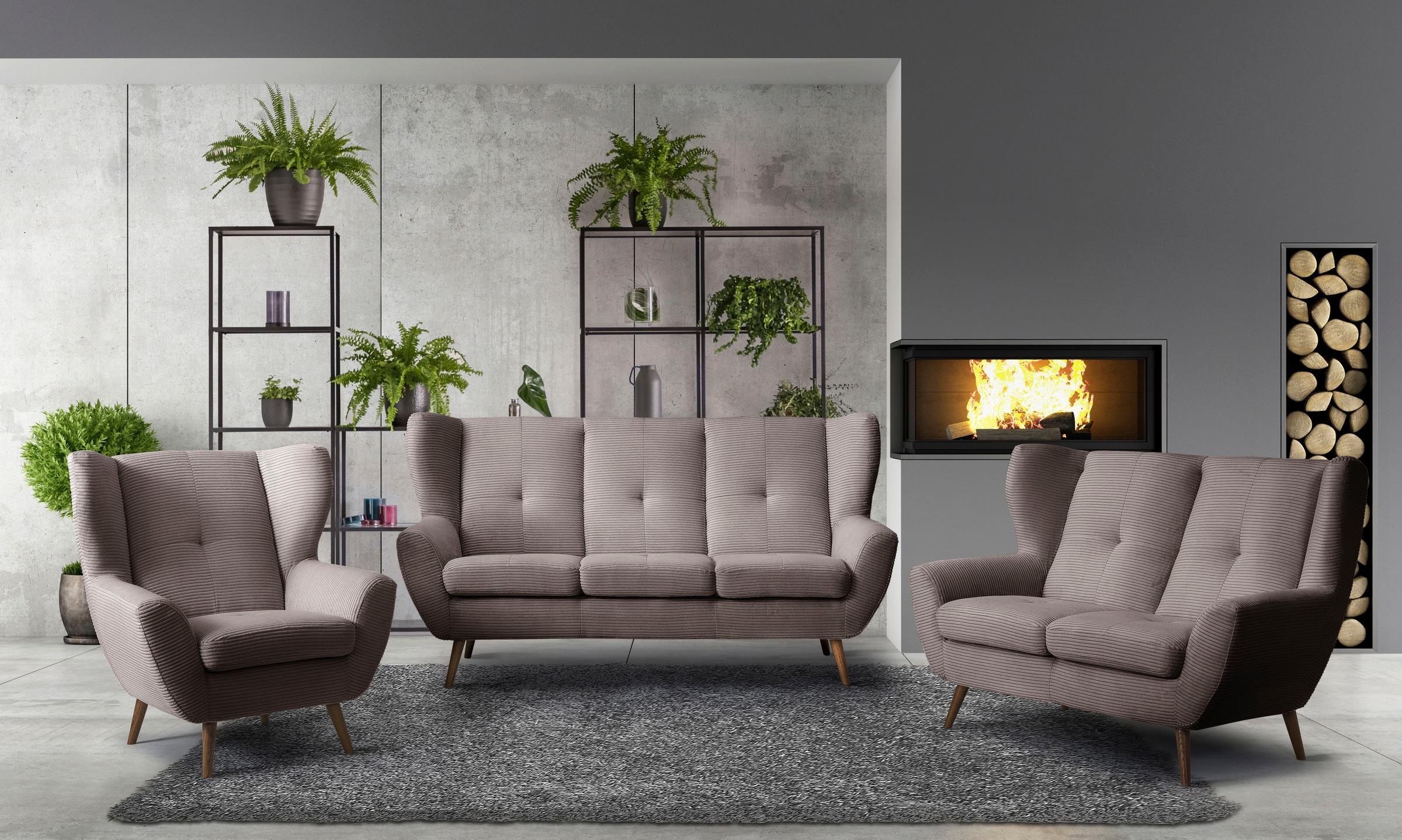 exxpo - sofa fashion 2-Sitzer »ALVESTA, Loungesofa, Küchensofa, hoher Sitzkomfort, Ohrenbackensofa«, gemütliche Rückenlehne, mit Knopfheftung und hohen Holzfüßen, in Cord