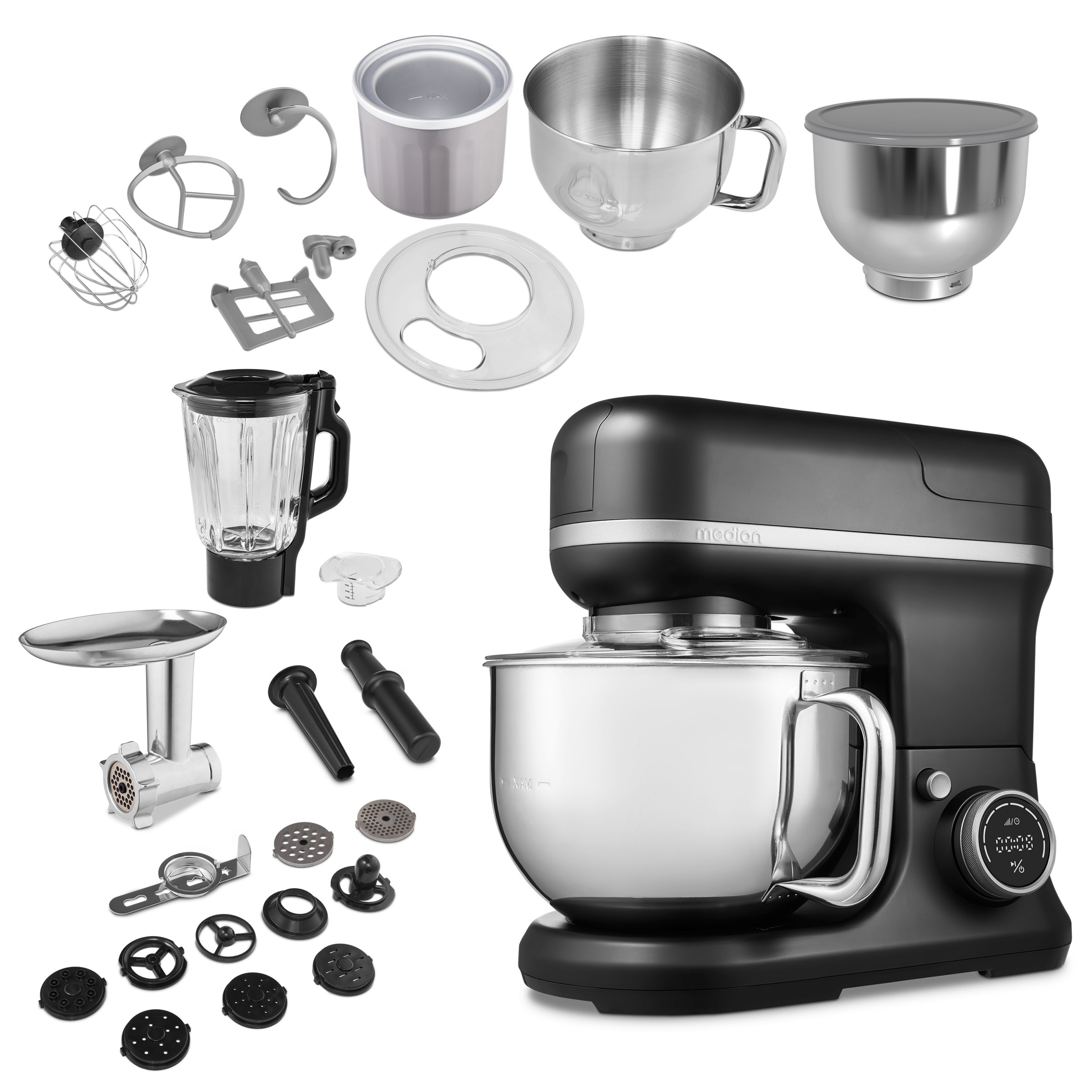 Medion Küchenmaschine "MD 18442, 8 Geschwindigkeitsstufen, Impulsfunktion, 5L Rührschüssel" Umfangreiches Zubehör-Set inkl. Eisschüssel für Speiseeiszubereitung