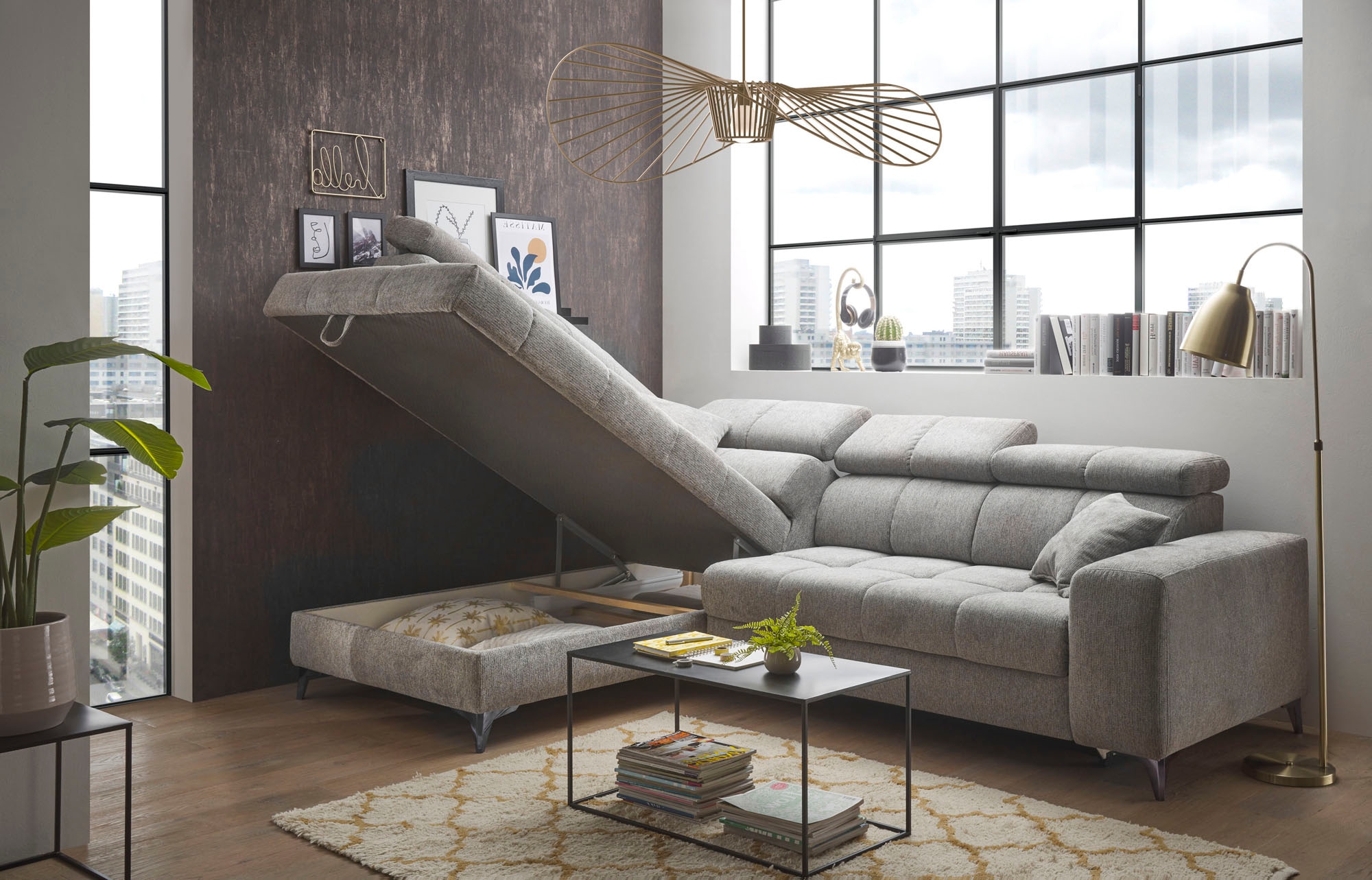 ED EXCITING DESIGN Ecksofa »Sydney L-Form mit Bettfunktion, Bettkasten, Kopfteilverstellung«, motorischer Sitztiefenverstellung, USB-Port & 2 Zierkissen
