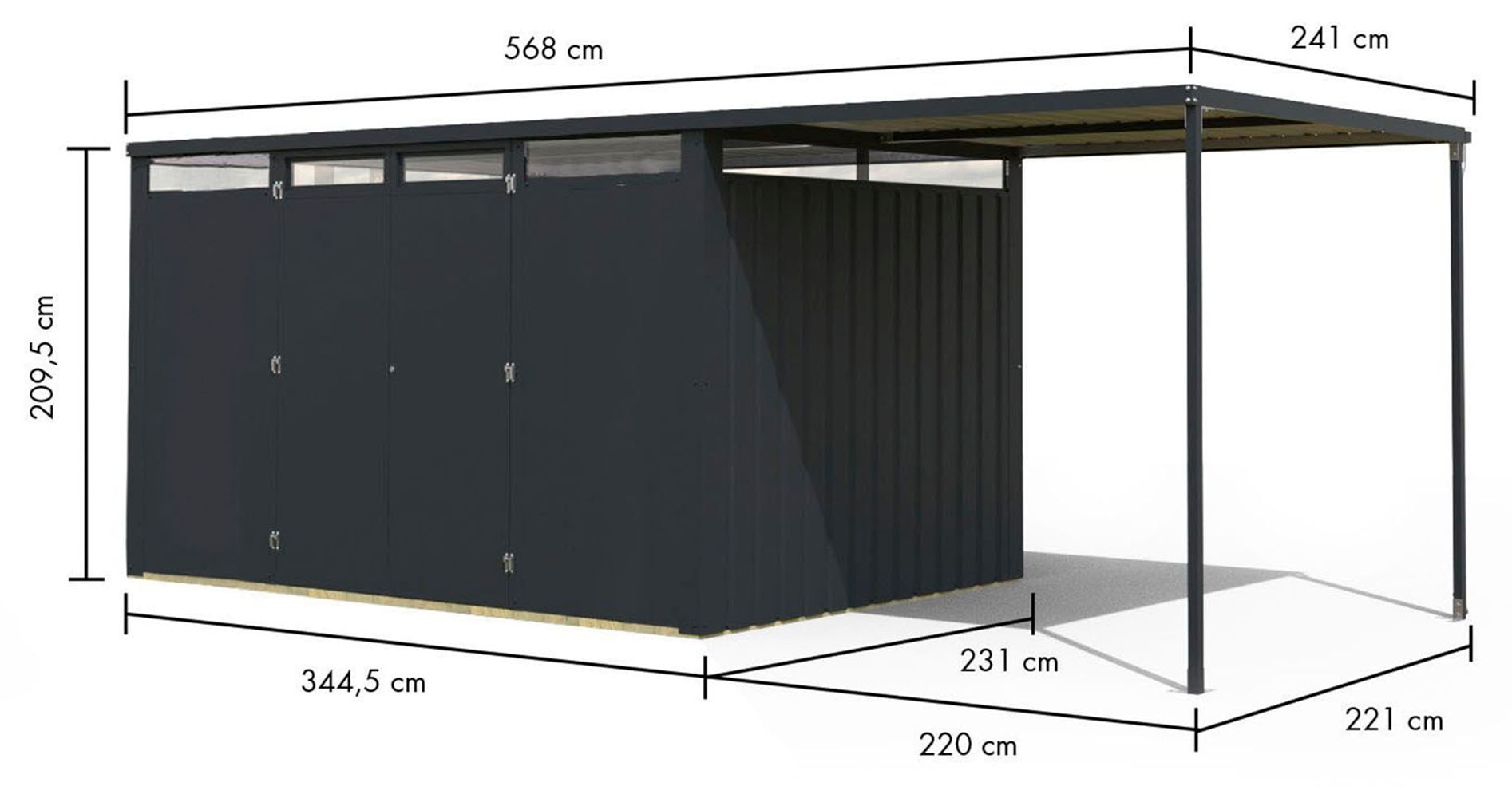 Karibu Gartenhaus »"Leto 3" SET mit Anbaudach 2,25 m Breite«, staubgrau oder anthrazit