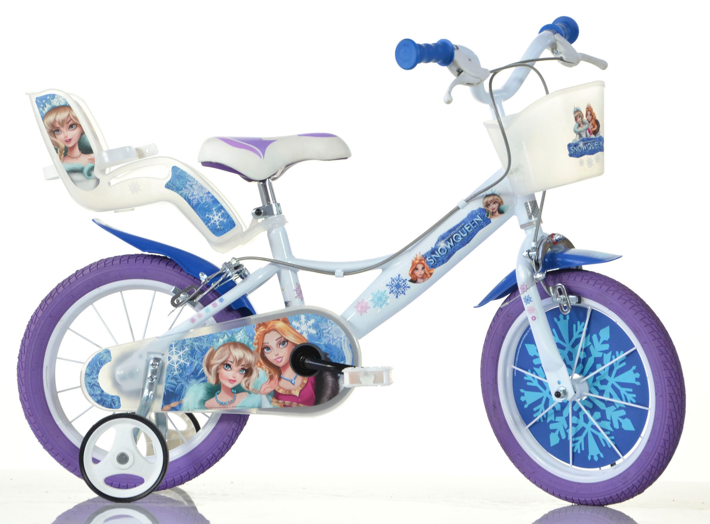 Dino Kinderfahrrad "Snow Queen Eiskönigin", 1 Gang, mit Stützrädern, Korb und Puppensitz