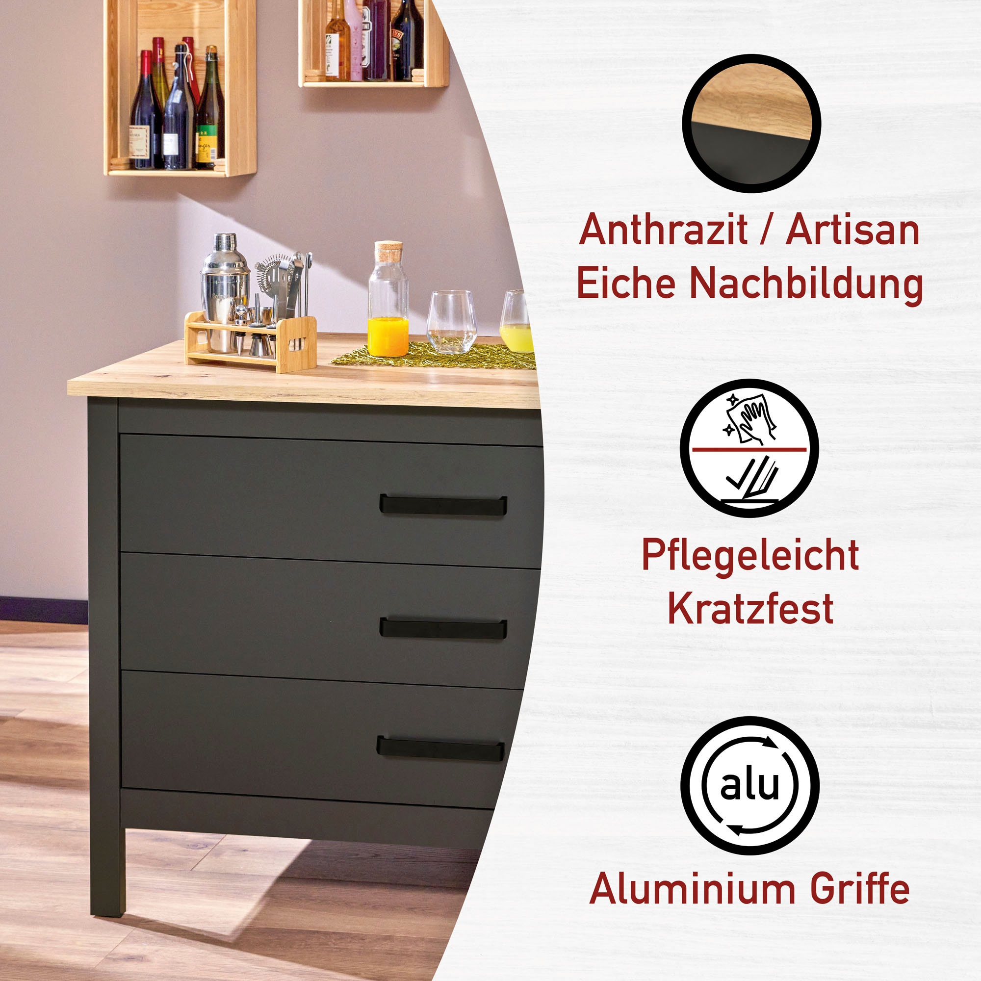 Inter Link Kücheninsel »Kücheninsel Piazza Nero« Schubladen, herausnehmbare Regalböden, Soft-Close, 124x75x91 cm