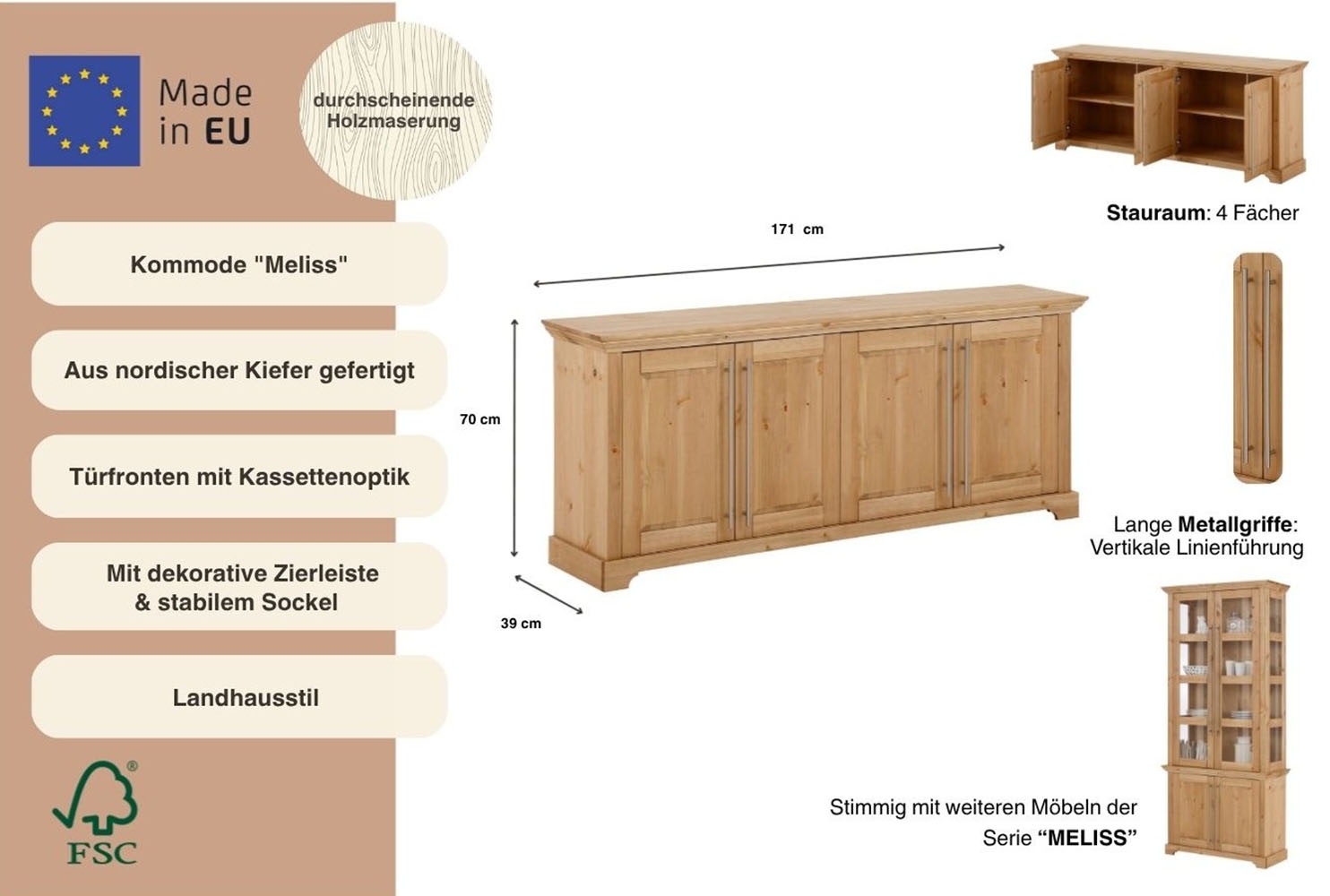 Thumbnail - Home affaire Kommode "Meliss" aus massiver Kiefer, FSC zertifiziert, 4-türig, Breite 171 cm