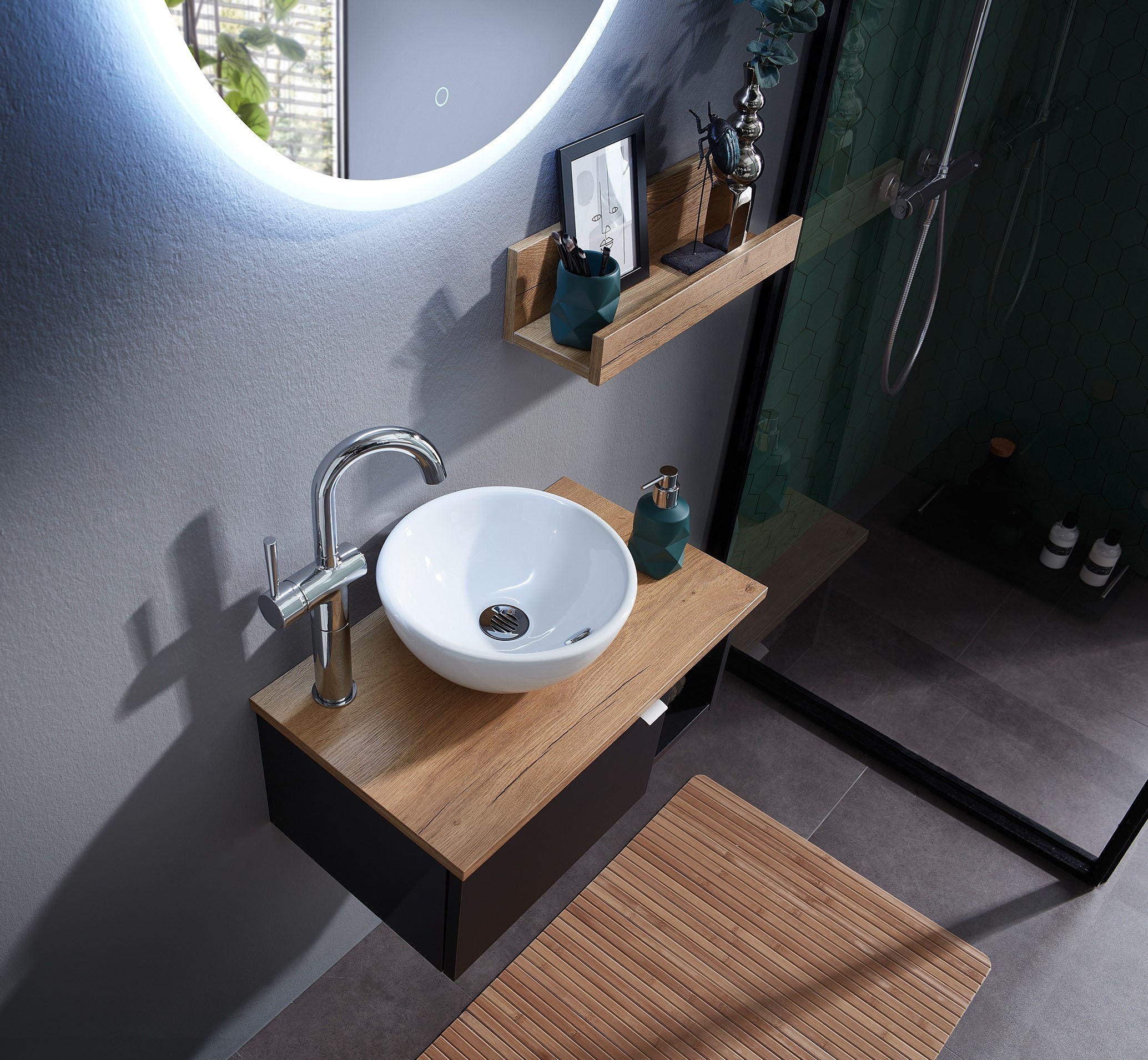 Saphir Badmöbel-Set »Serie 6915«, (4 St.), Gäste-Bad, 70 cm breit, mit LED-Spiegel, offenem Fach und 1 Tür
