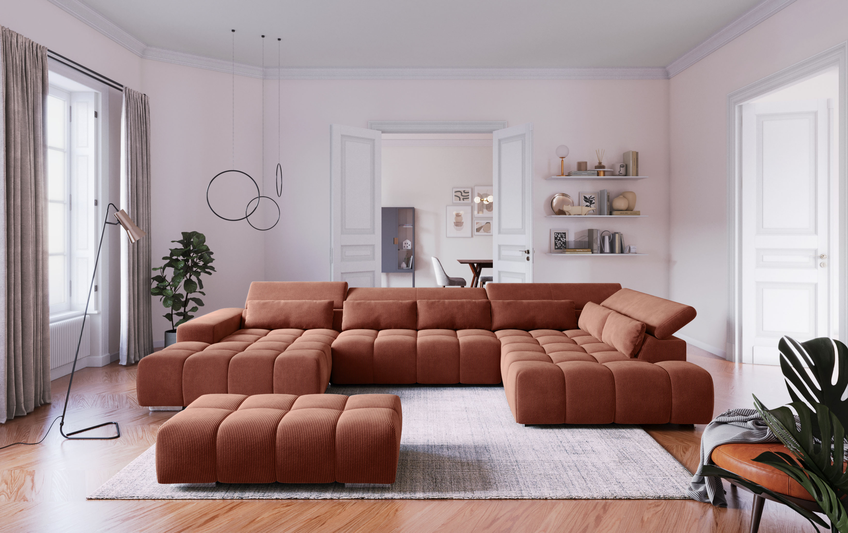 COTTA Wohnlandschaft "Orion U-Form XXL, B: 409 cm, bequeme Wellenunterfederung, top modern" mit Kopfteilverstellung & 6 Nierenkissen