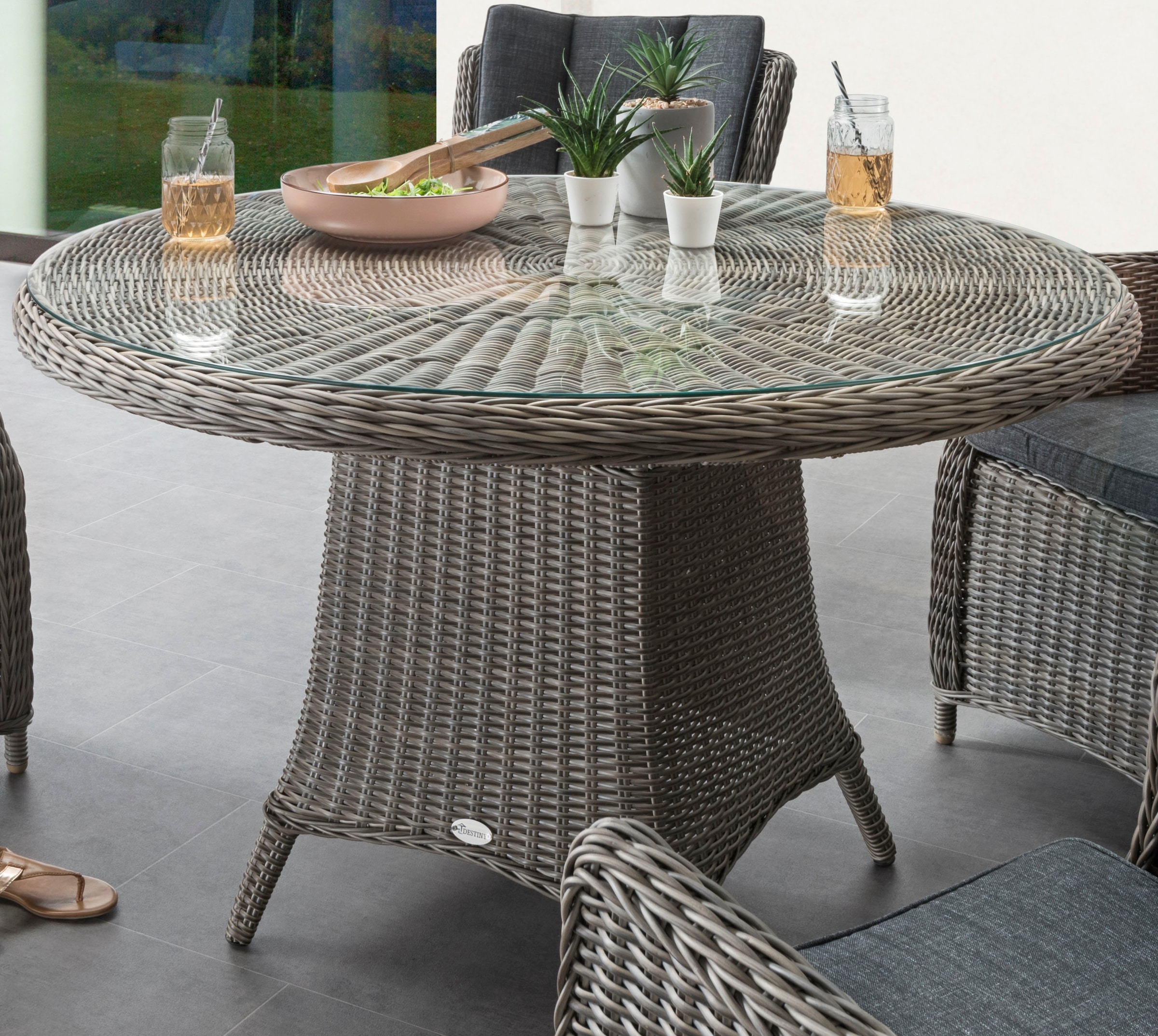 Destiny Garten-Essgruppe »PALMA LUNA«, (Set, 5 tlg., 1 Tisch Ø, 4 Hochlehner, verstellbar), (Set, 9-tlg., 4 Hochlehner, 1 Tisch Ø 100x75cm) Aluminium, Polyrattan